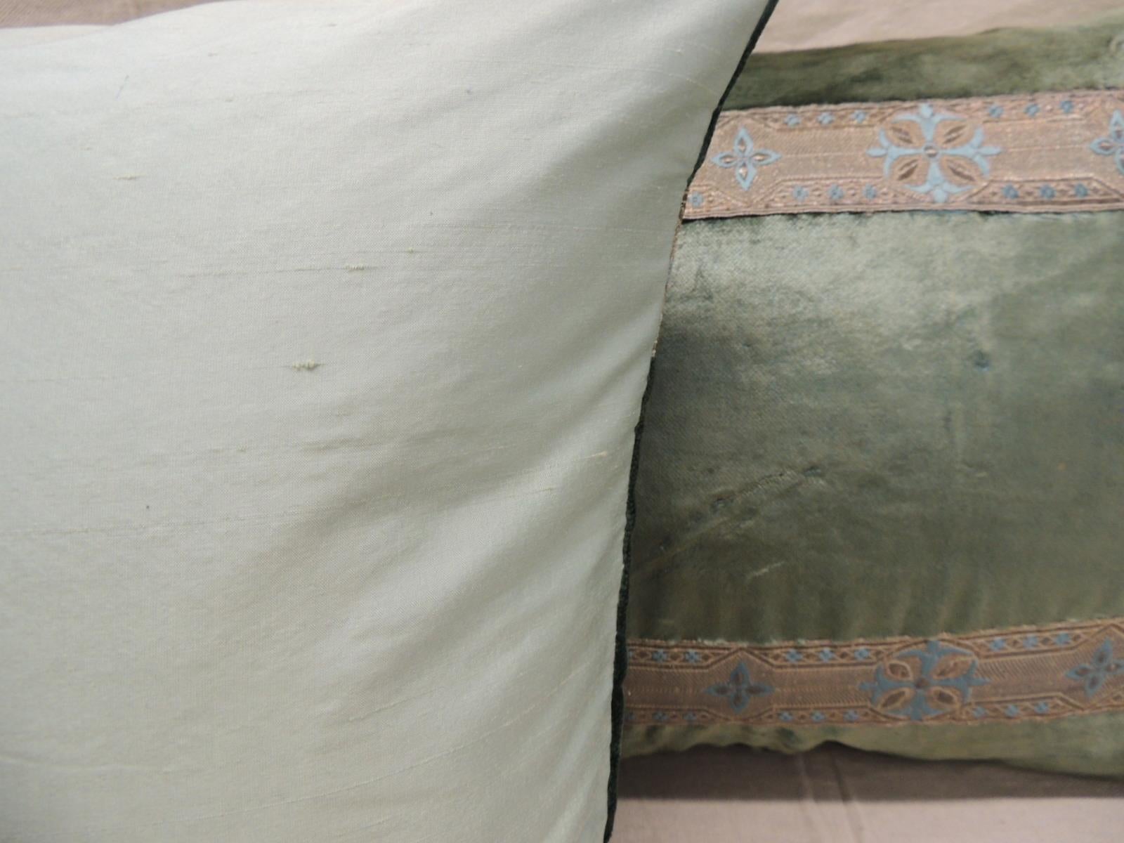 19th Century Pair of Antique Crushed Velvet Green and Silver Bolsters Decorative Pillows