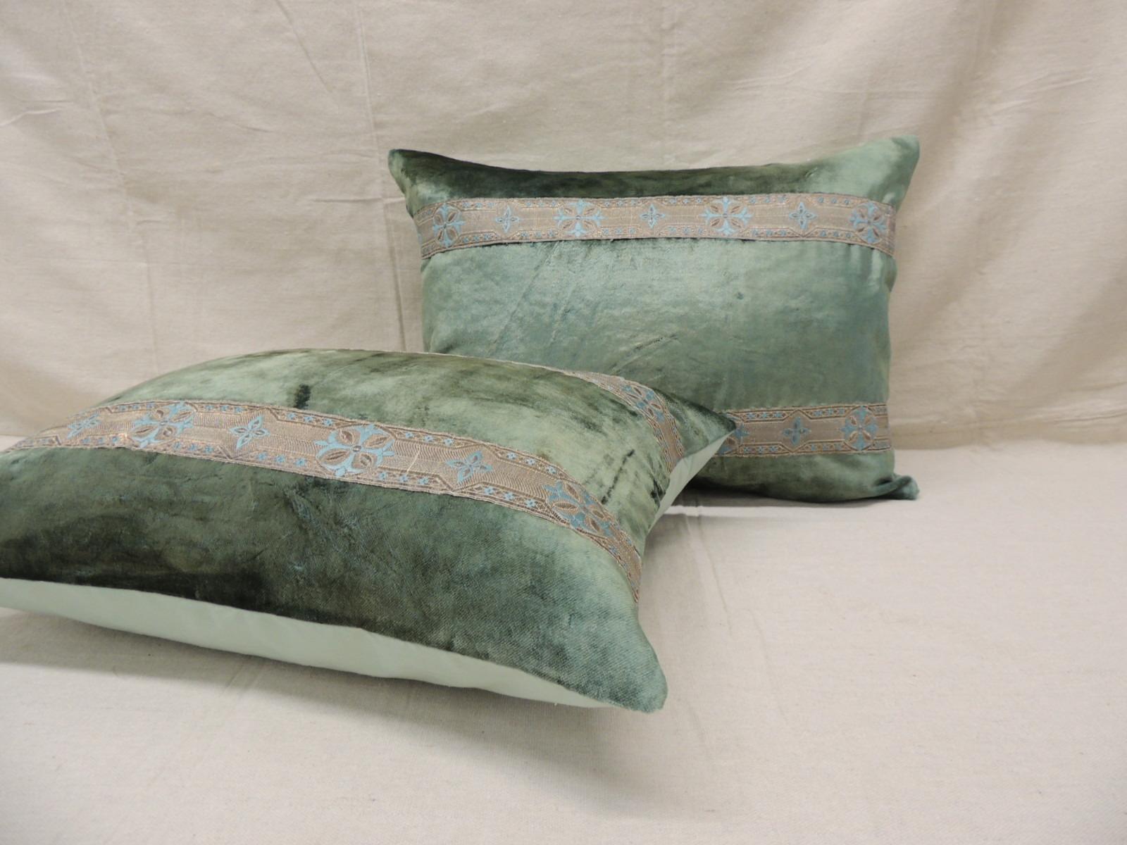 Pair of Antique Crushed Velvet Green and Silver Bolsters Decorative Pillows 1