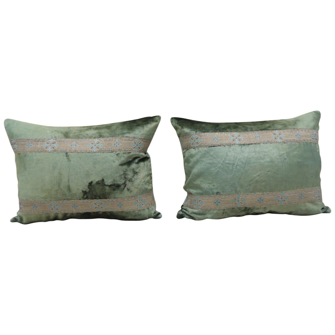 Pair of Antique Crushed Velvet Green and Silver Bolsters Decorative Pillows