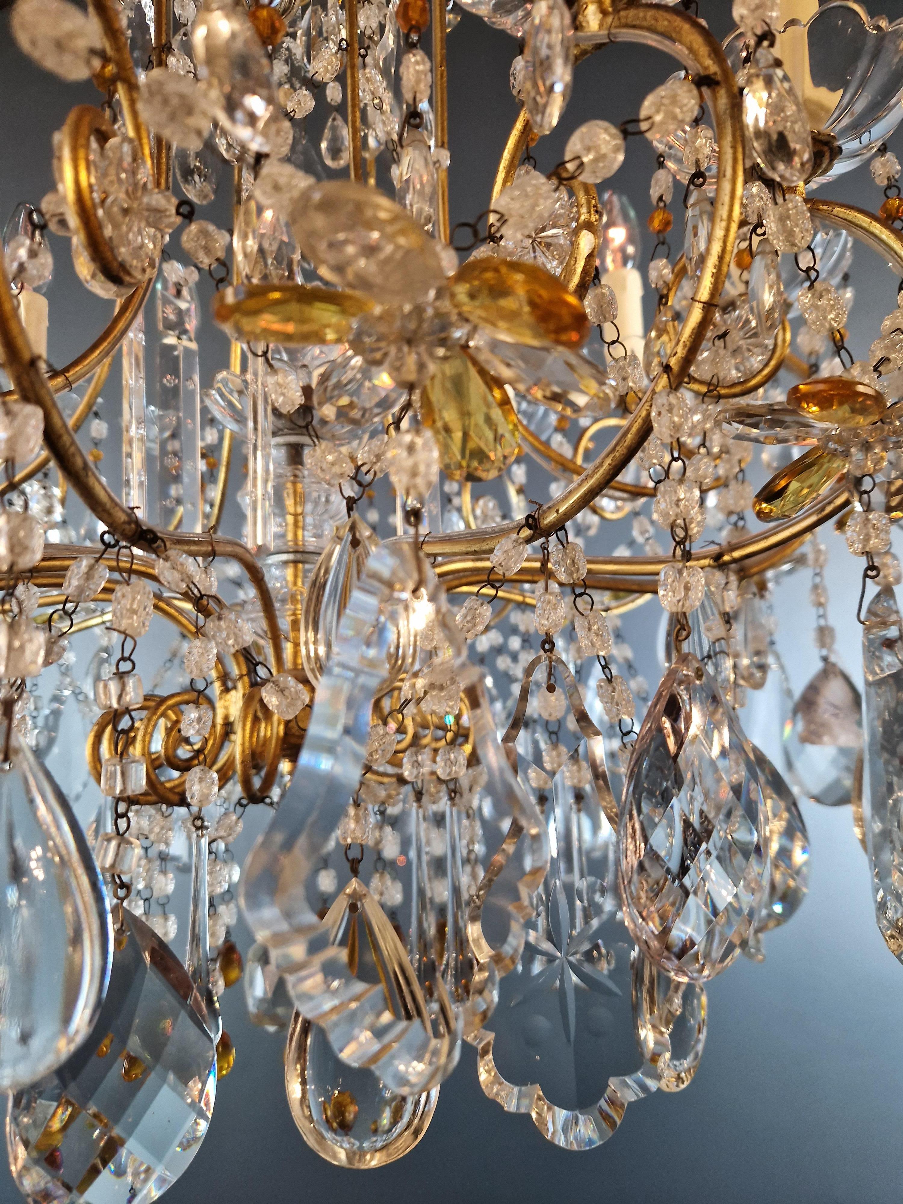 Pair of Antique Crystal Chandelier Ceiling Lamp Amber Lustre Art Nouveau 3