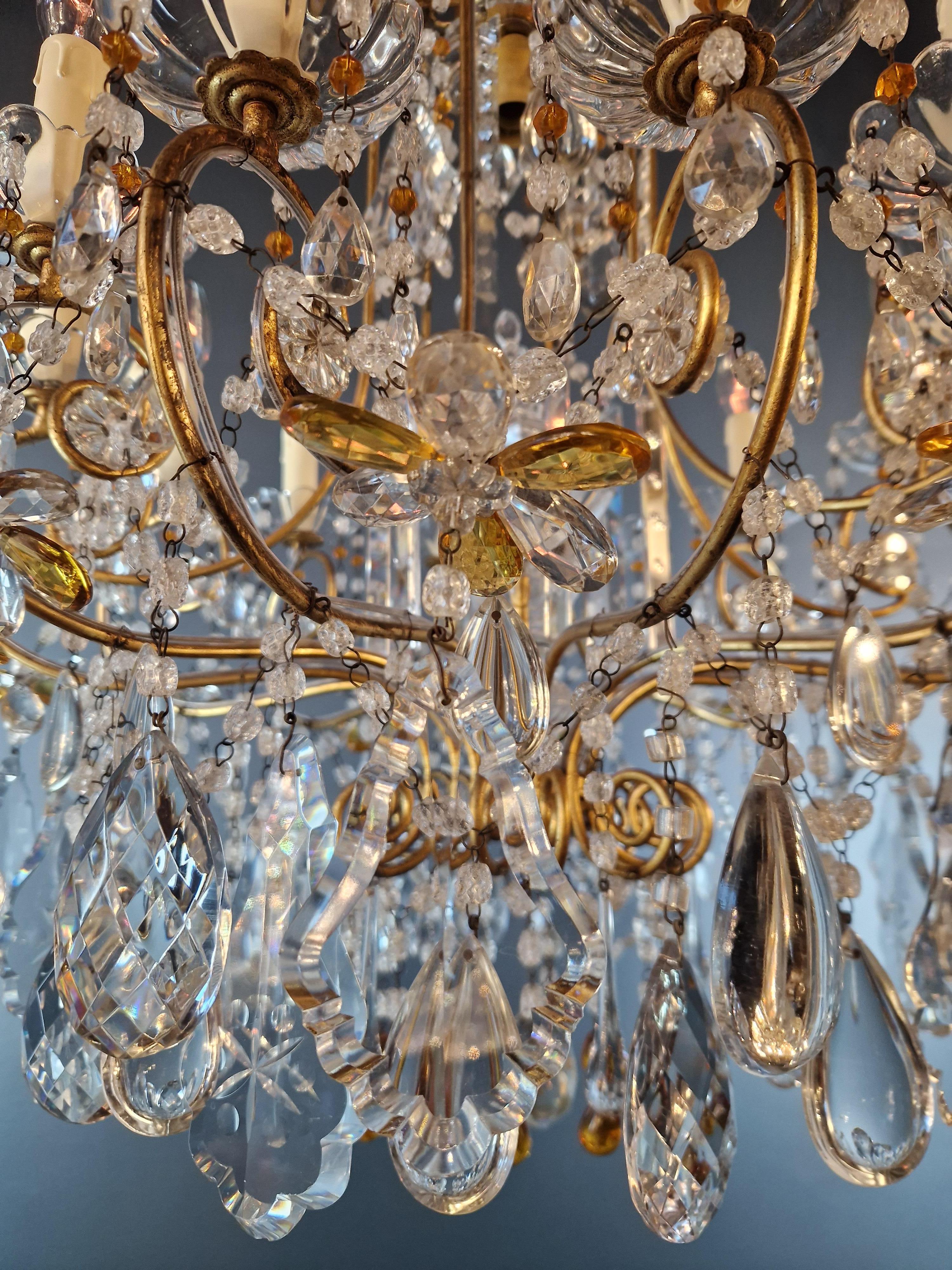 Pair of Antique Crystal Chandelier Ceiling Lamp Amber Lustre Art Nouveau 4