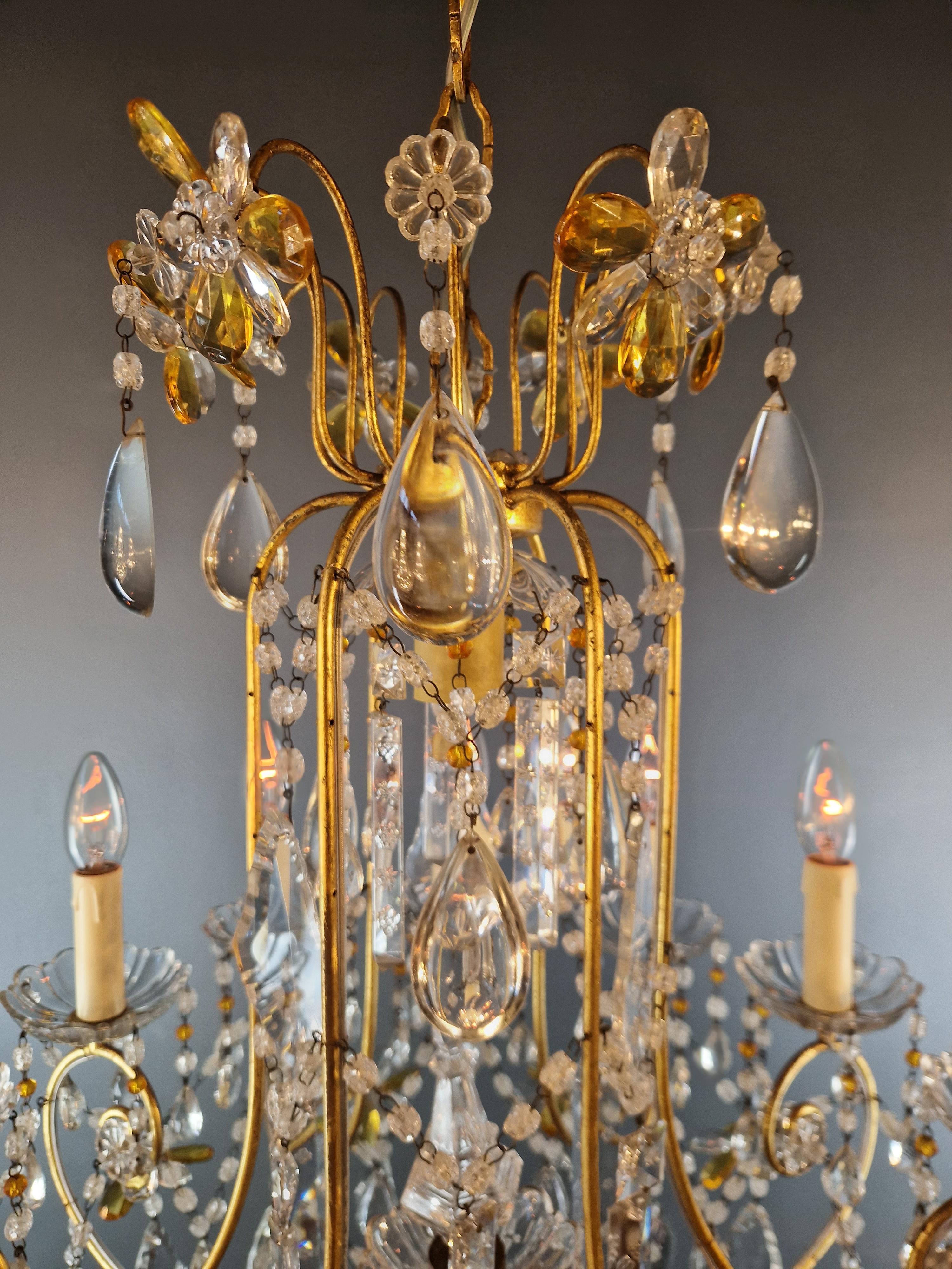 Pair of Antique Crystal Chandelier Ceiling Lamp Amber Lustre Art Nouveau 6
