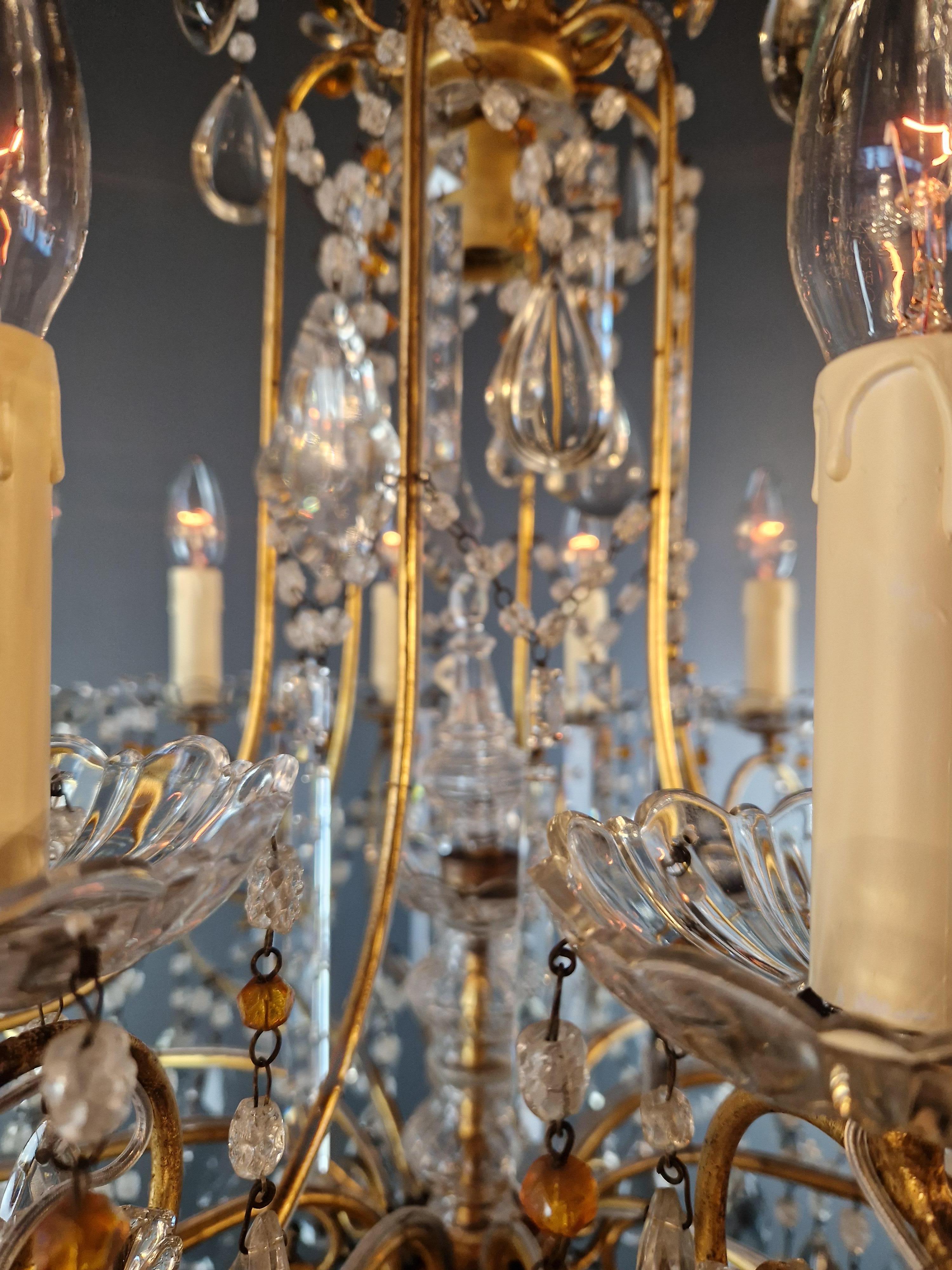 Pair of Antique Crystal Chandelier Ceiling Lamp Amber Lustre Art Nouveau 7