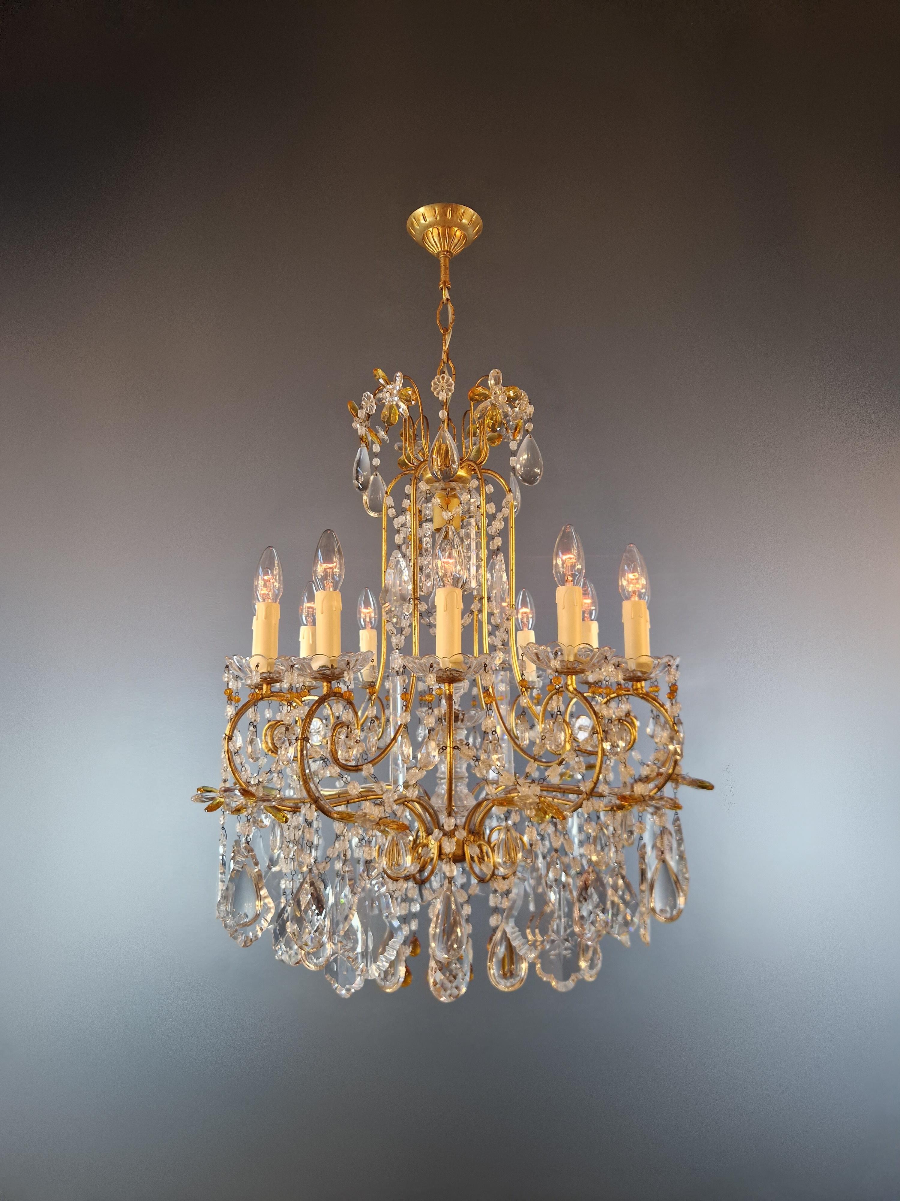 Hand-Knotted Pair of Antique Crystal Chandelier Ceiling Lamp Amber Lustre Art Nouveau