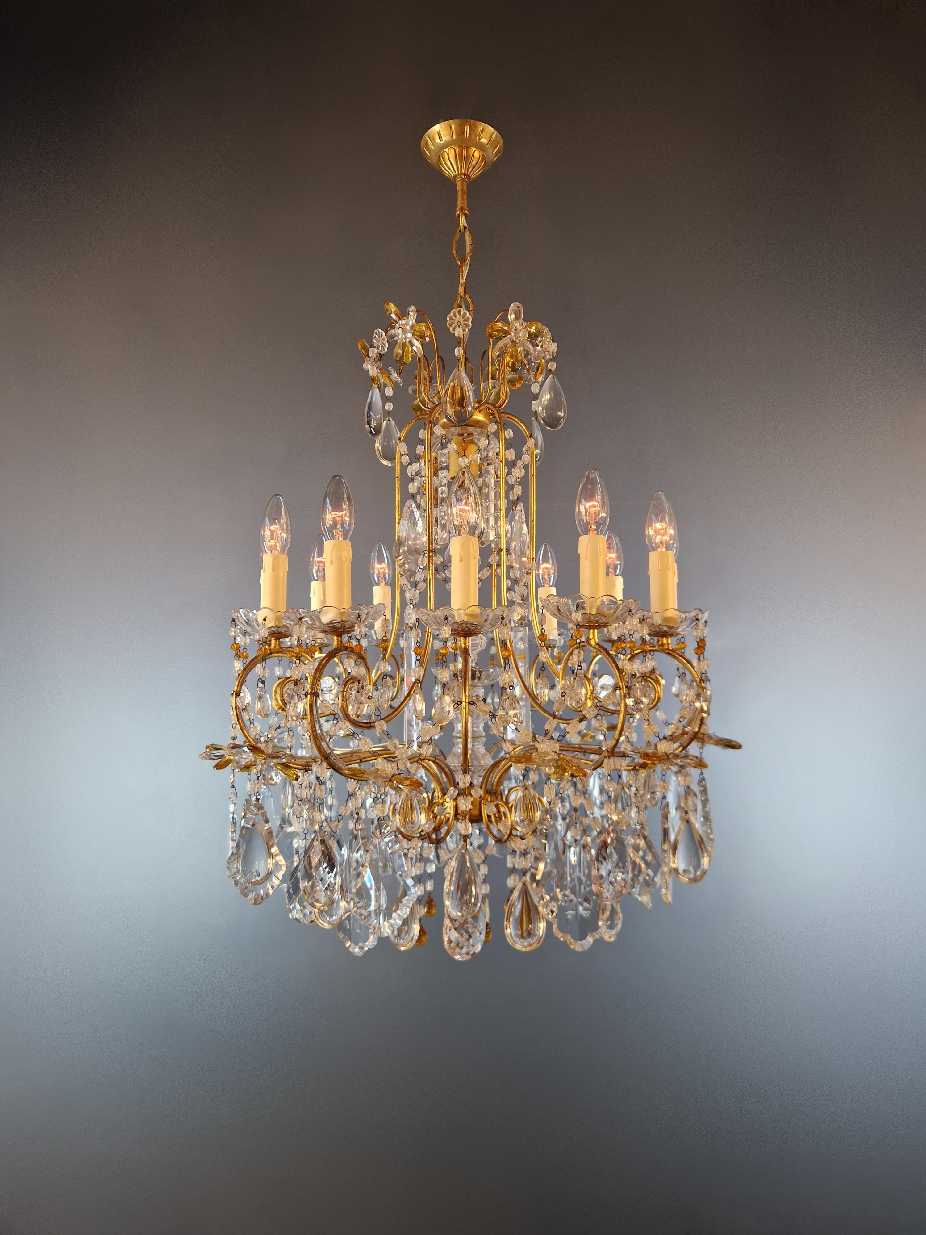 Pair of Antique Crystal Chandelier Ceiling Lamp Amber Lustre Art Nouveau In Good Condition In Berlin, DE