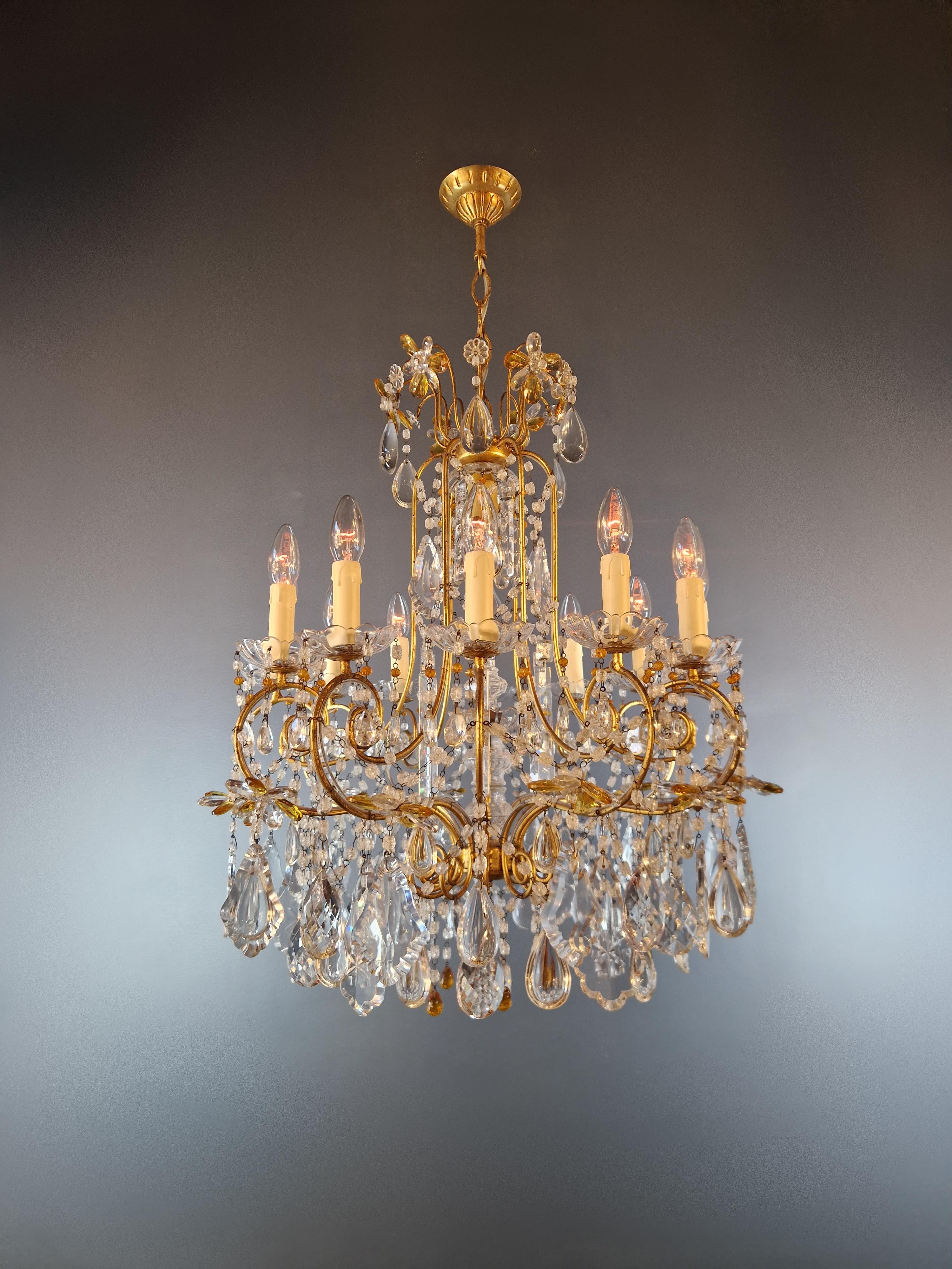 19th Century Pair of Antique Crystal Chandelier Ceiling Lamp Amber Lustre Art Nouveau