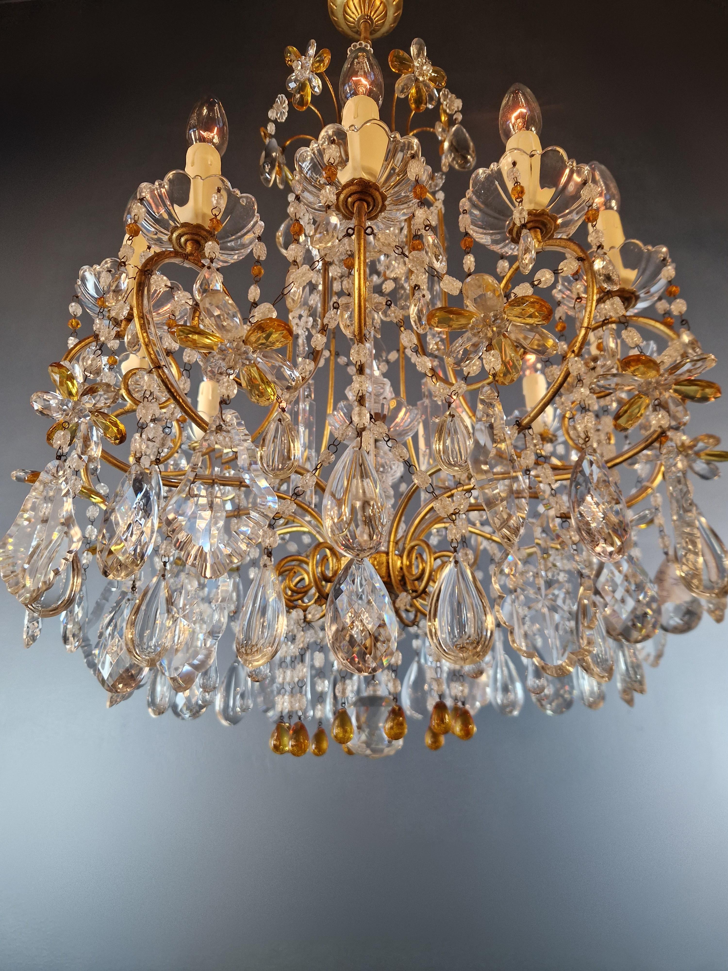 Brass Pair of Antique Crystal Chandelier Ceiling Lamp Amber Lustre Art Nouveau