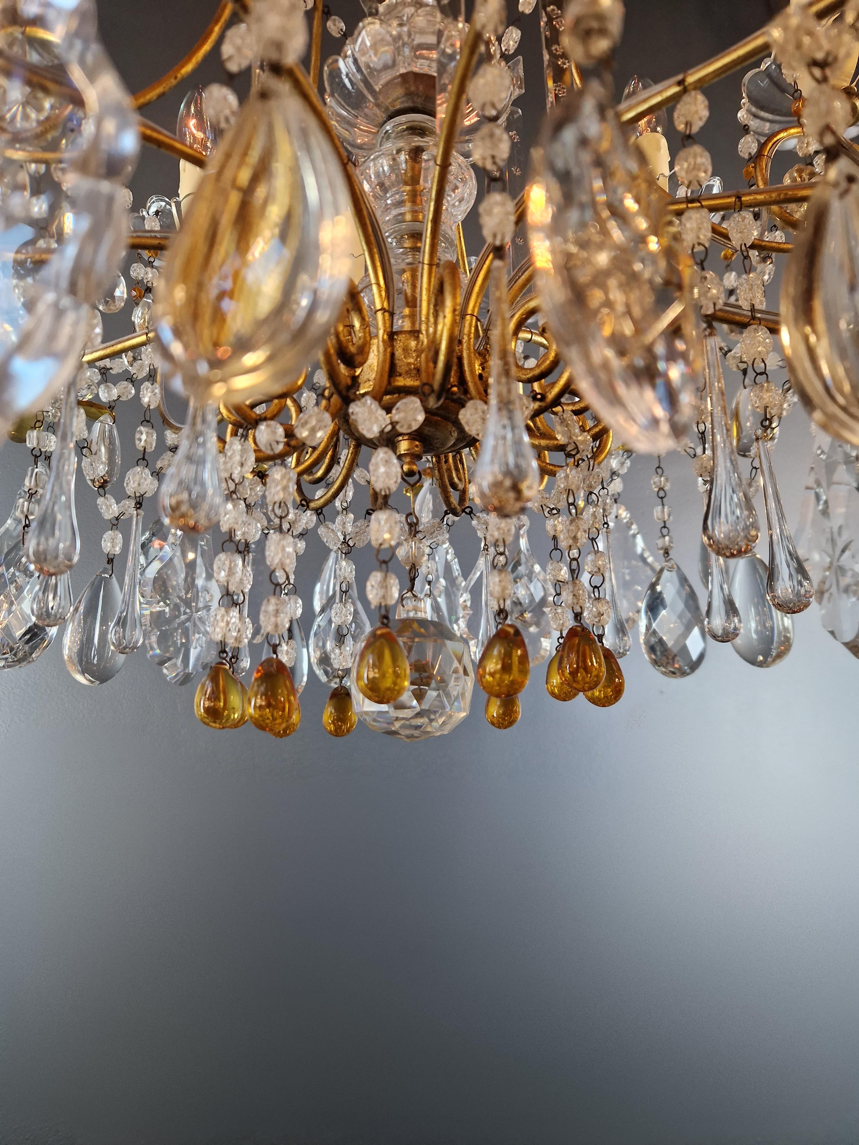 Pair of Antique Crystal Chandelier Ceiling Lamp Amber Lustre Art Nouveau 1