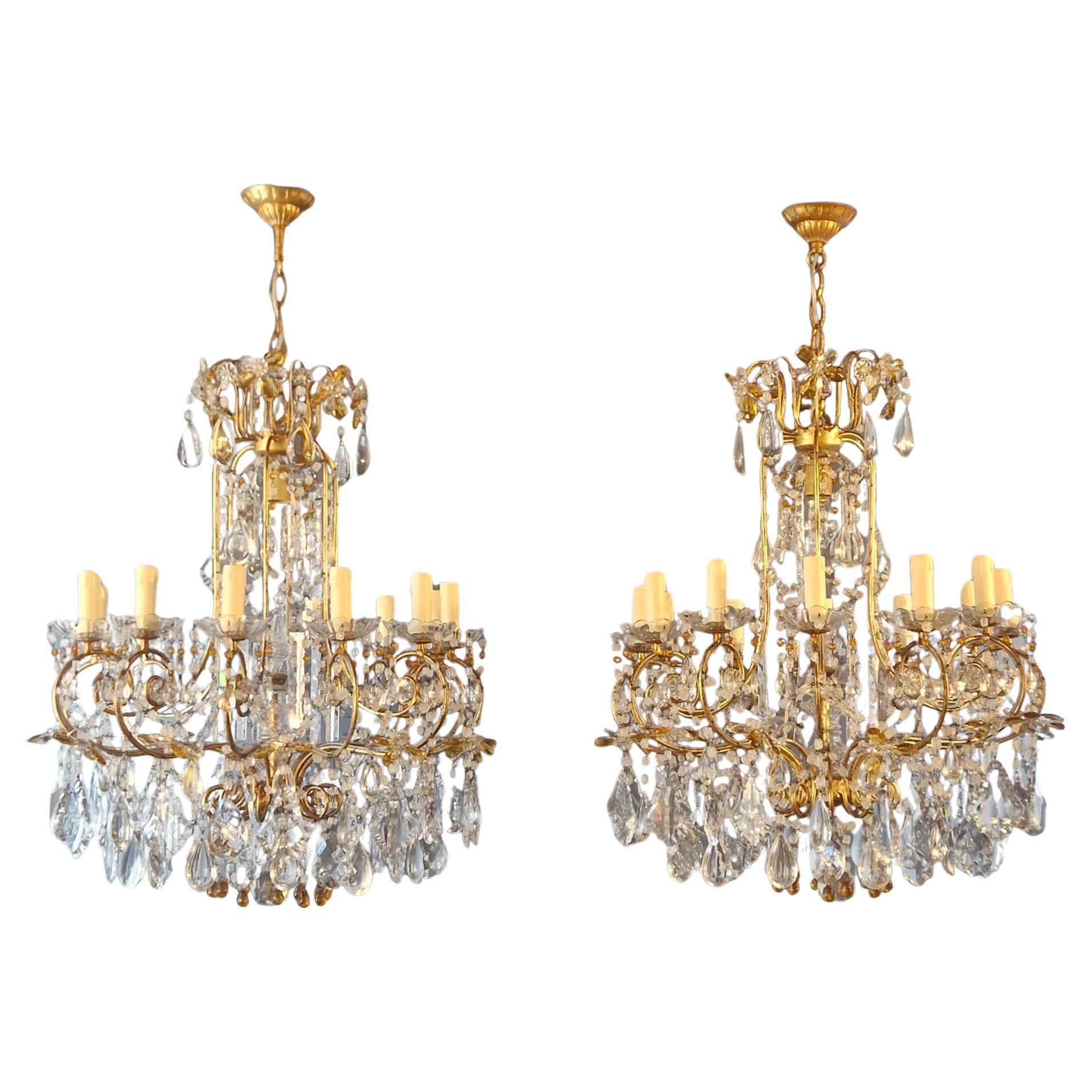 Pair of Antique Crystal Chandelier Ceiling Lamp Amber Lustre Art Nouveau