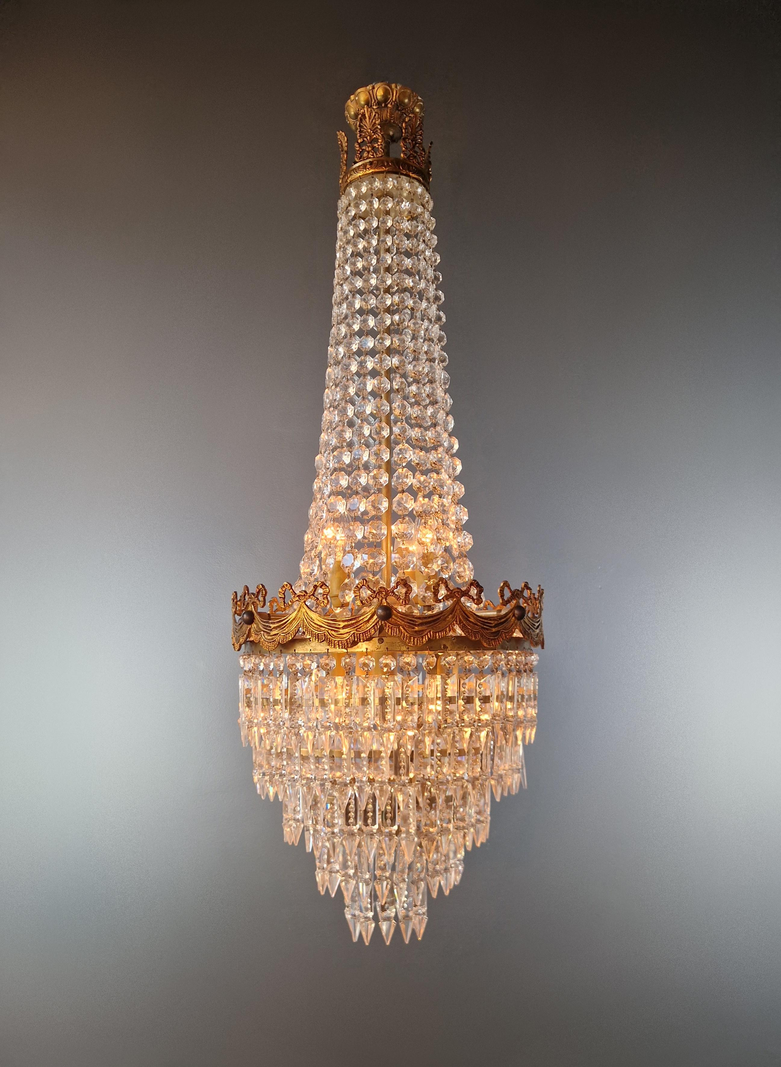 Italian Pair of Antique Crystal Chandelier Ceiling Lamp Lustre Art Nouveau Empire For Sale