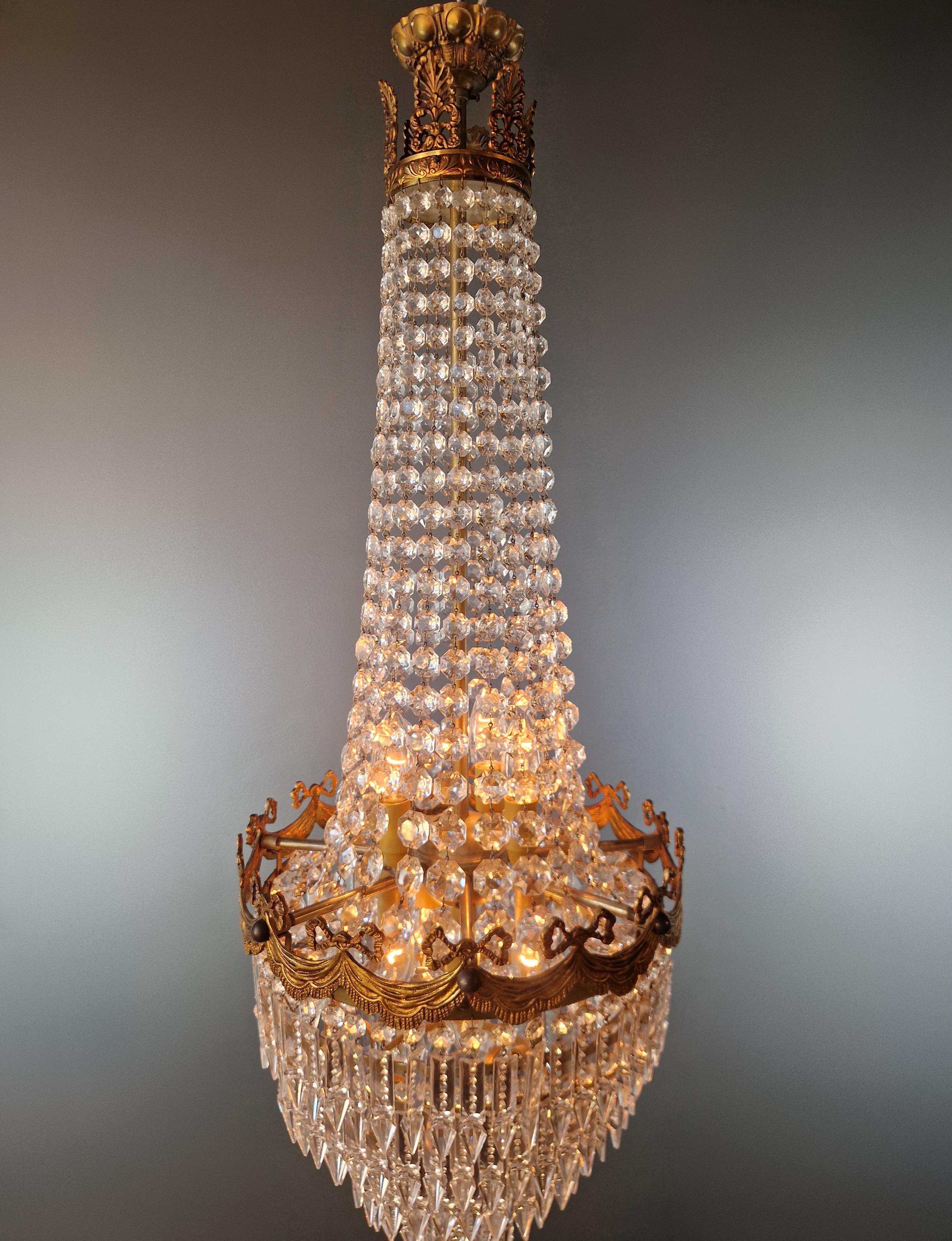 Pair of Antique Crystal Chandelier Ceiling Lamp Lustre Art Nouveau Empire In Good Condition For Sale In Berlin, DE