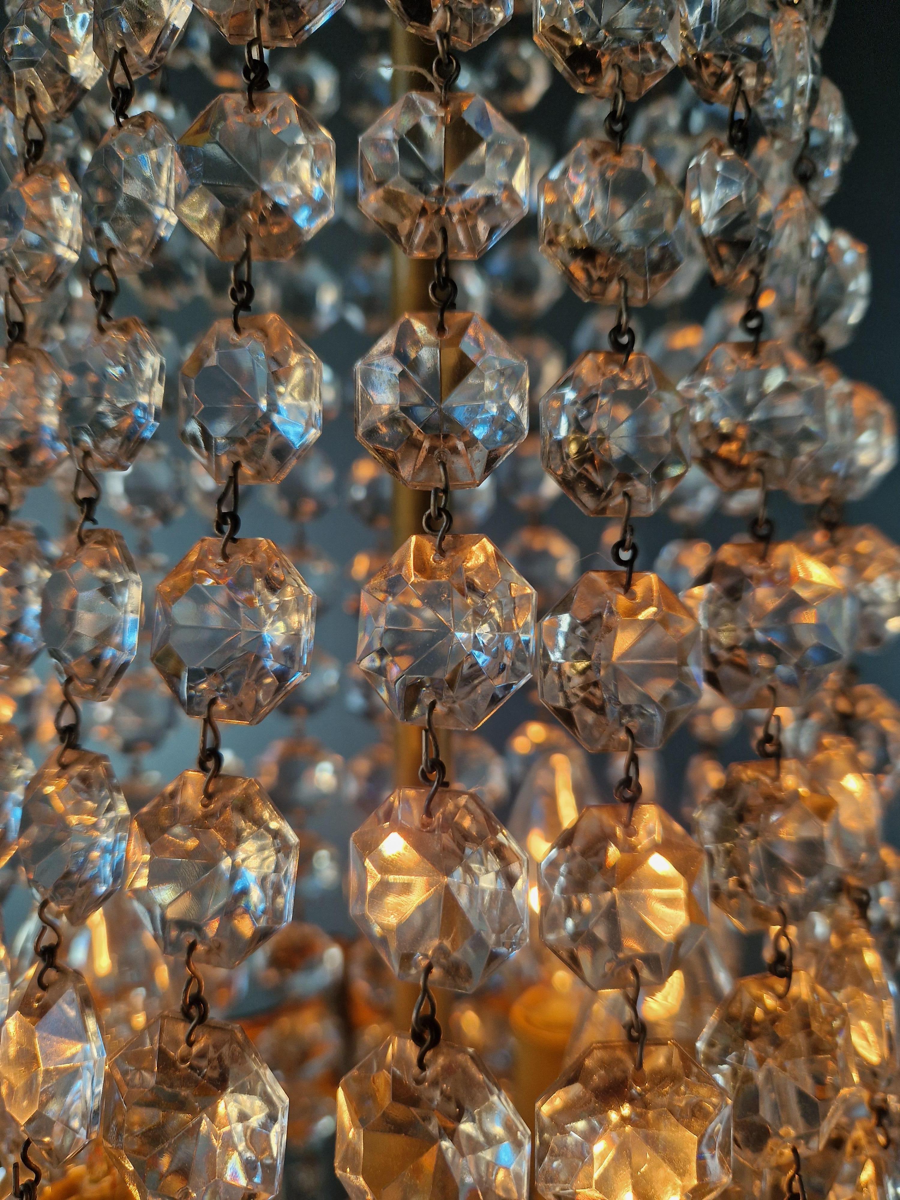Brass Pair of Antique Crystal Chandelier Ceiling Lamp Lustre Art Nouveau Empire For Sale