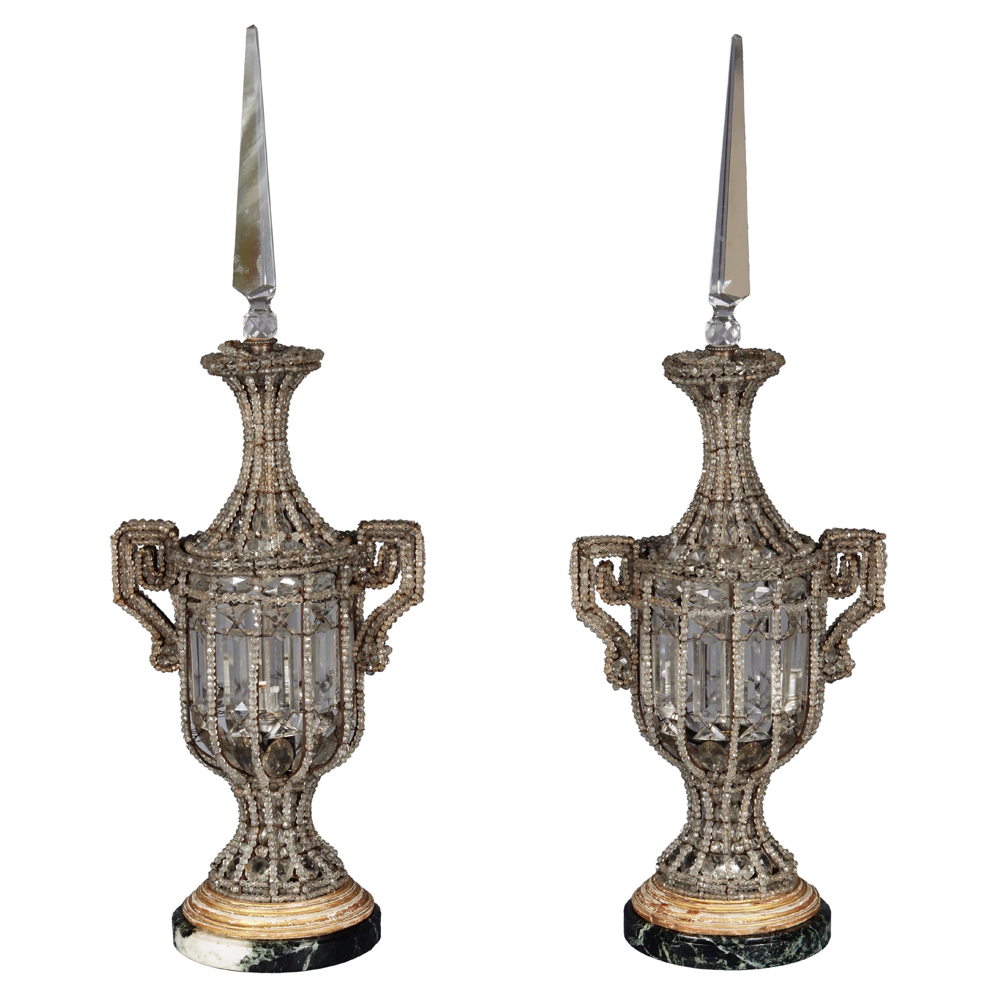 Pair of Antique Crystal Lamps For Sale