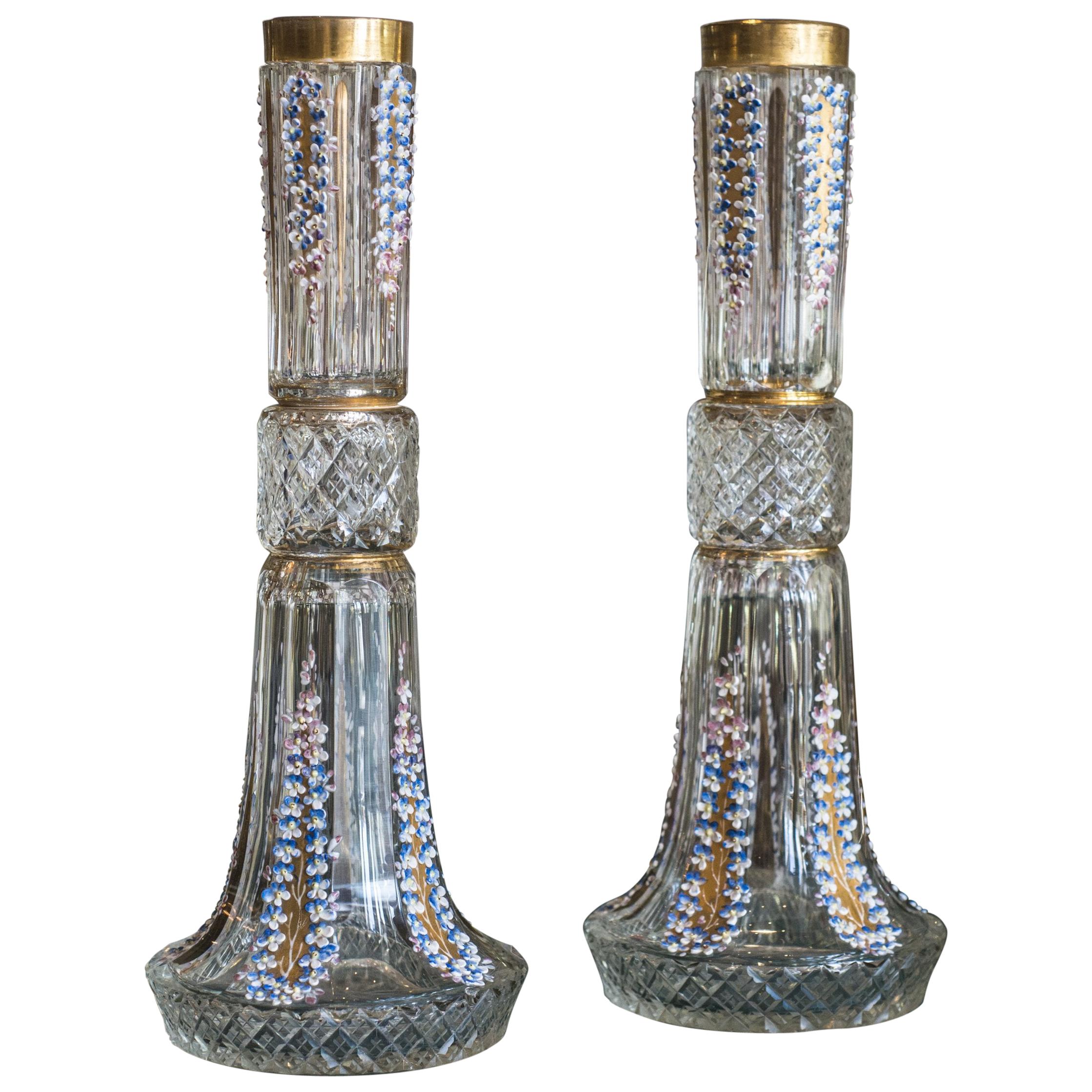 Antique Pair of Cut Crystal and Hand Painted Vases For Sale at 1stDibs