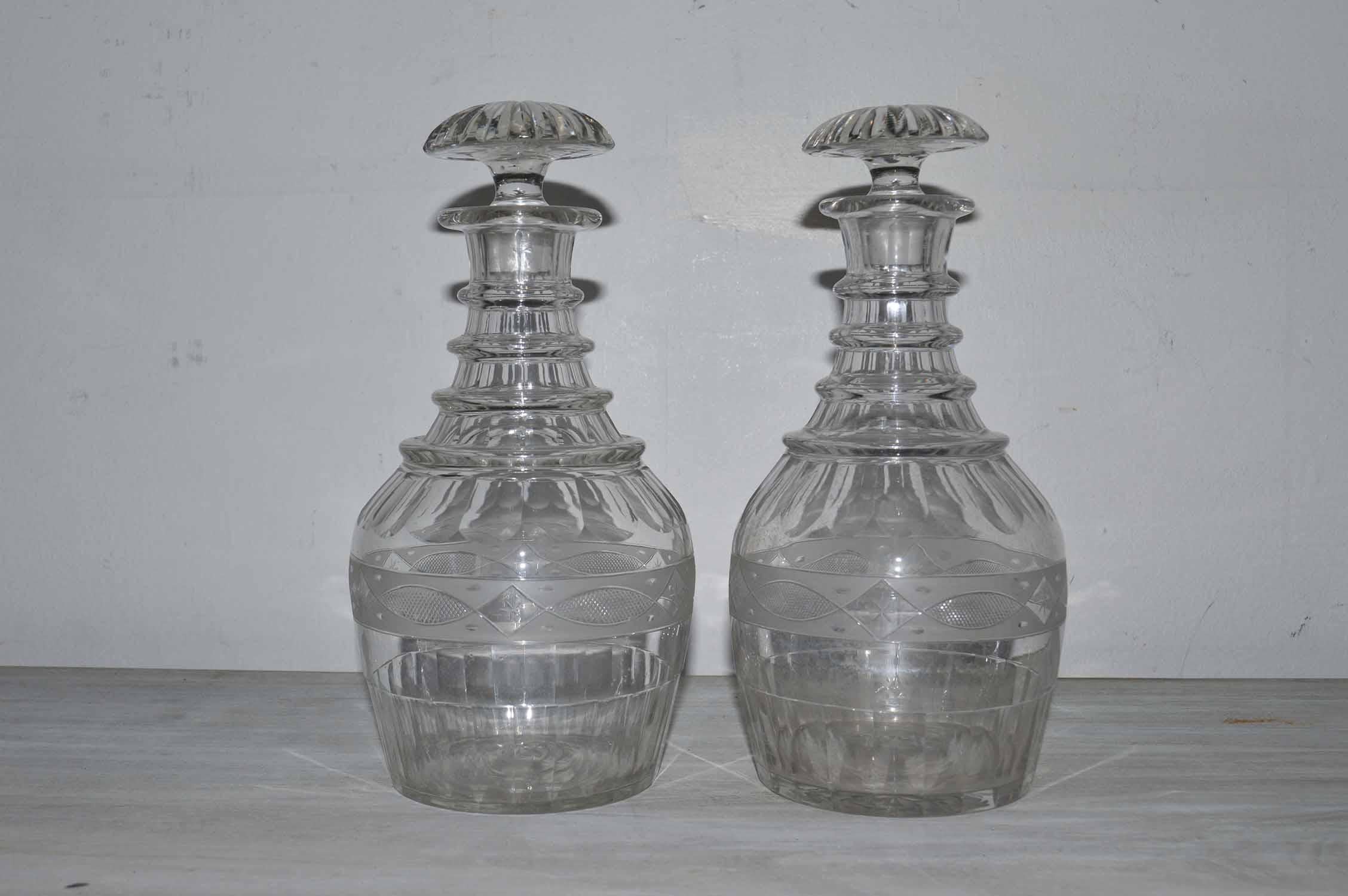 Beveled Pair of Antique Cut Crystal Georgian Style Decanters