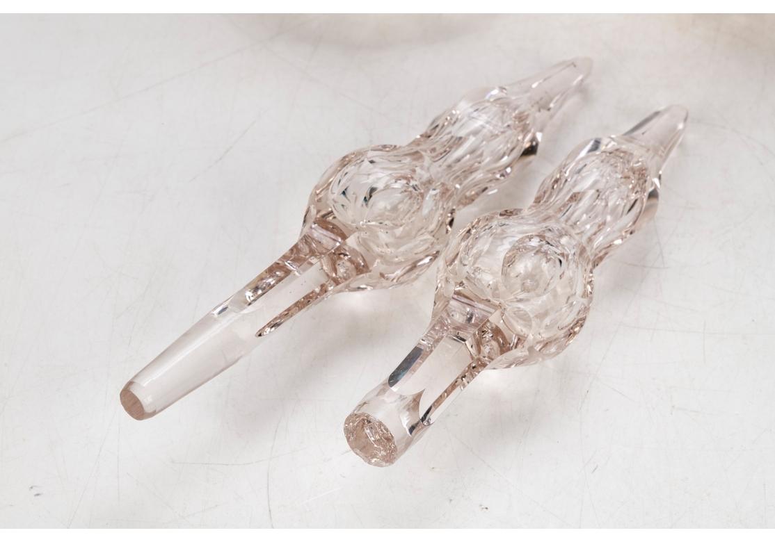 Art Nouveau Pair Of Antique Cut Crystal Handled Decanters With Tole Vine Decoration For Sale