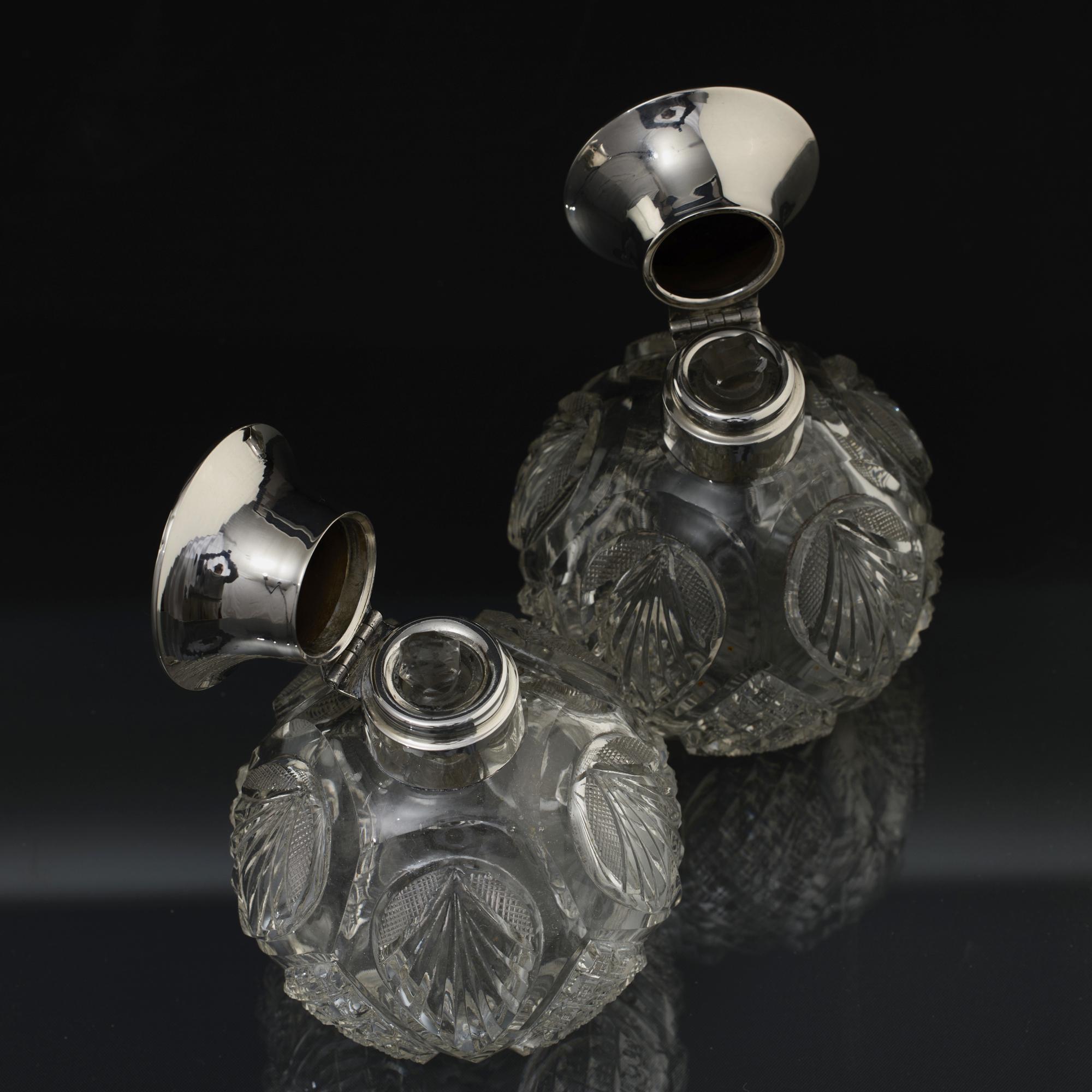 Sterling Silver Pair of antique cut glass perfume bottles with silver & tortoiseshell covers For Sale