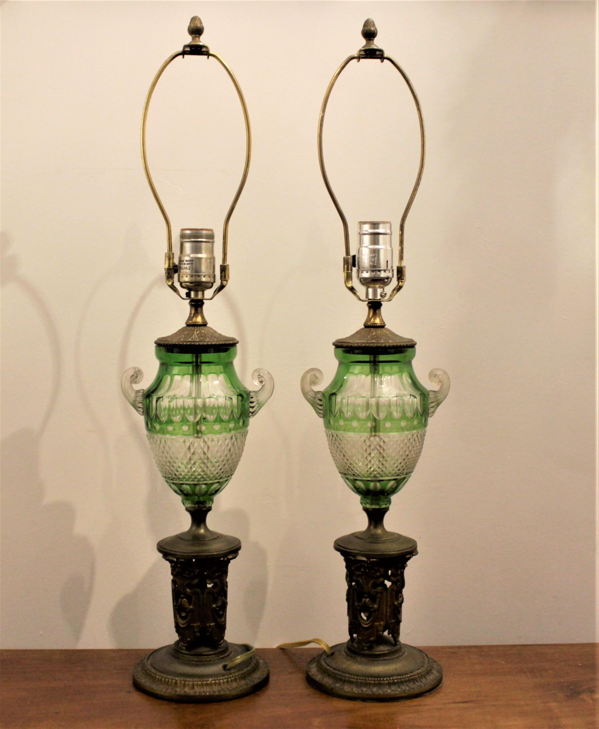 Pair of Antique Czech Green Cut to Clear Table Lamps with Gilt Bronze Bases 7