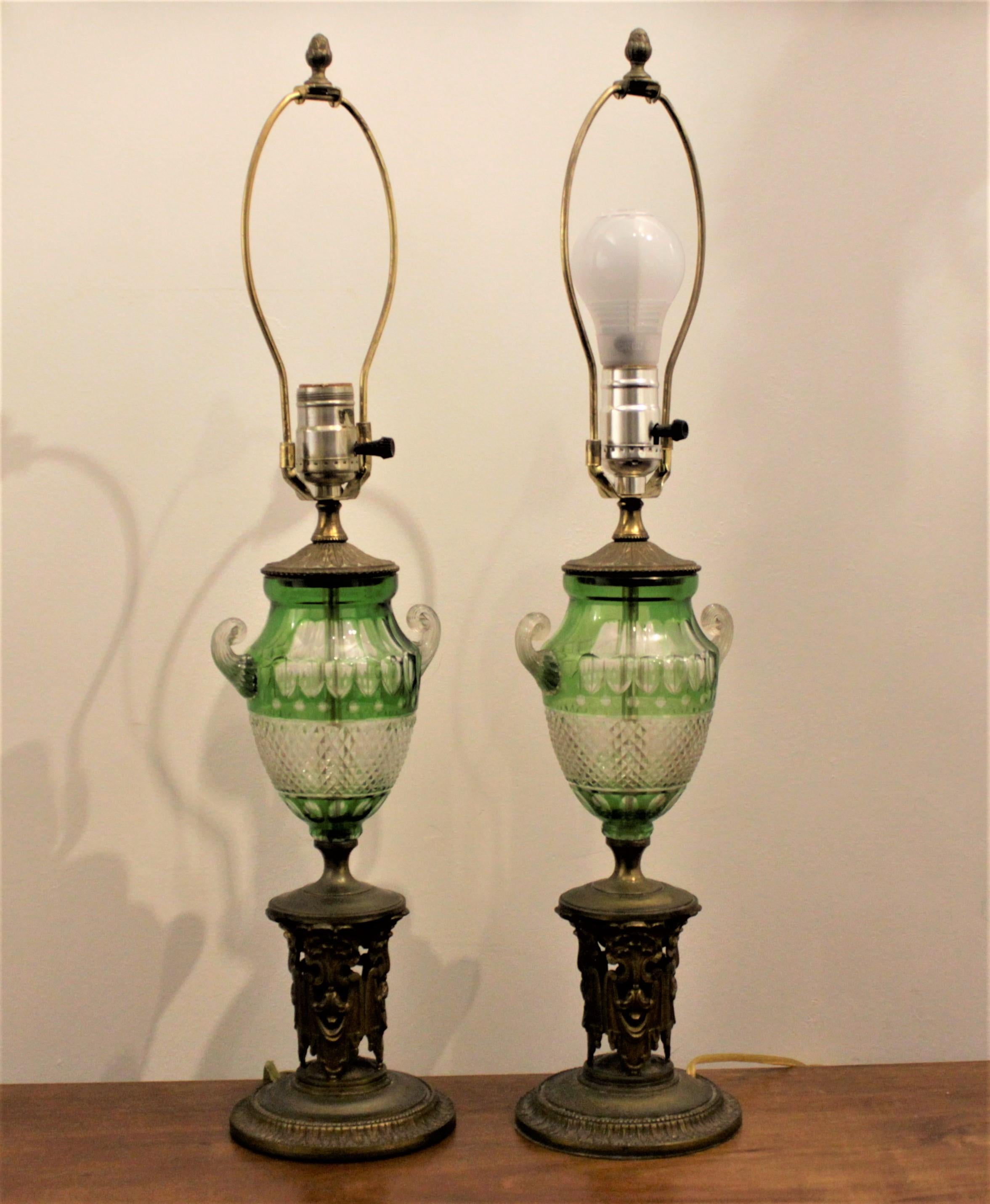 Late Victorian Pair of Antique Czech Green Cut to Clear Table Lamps with Gilt Bronze Bases