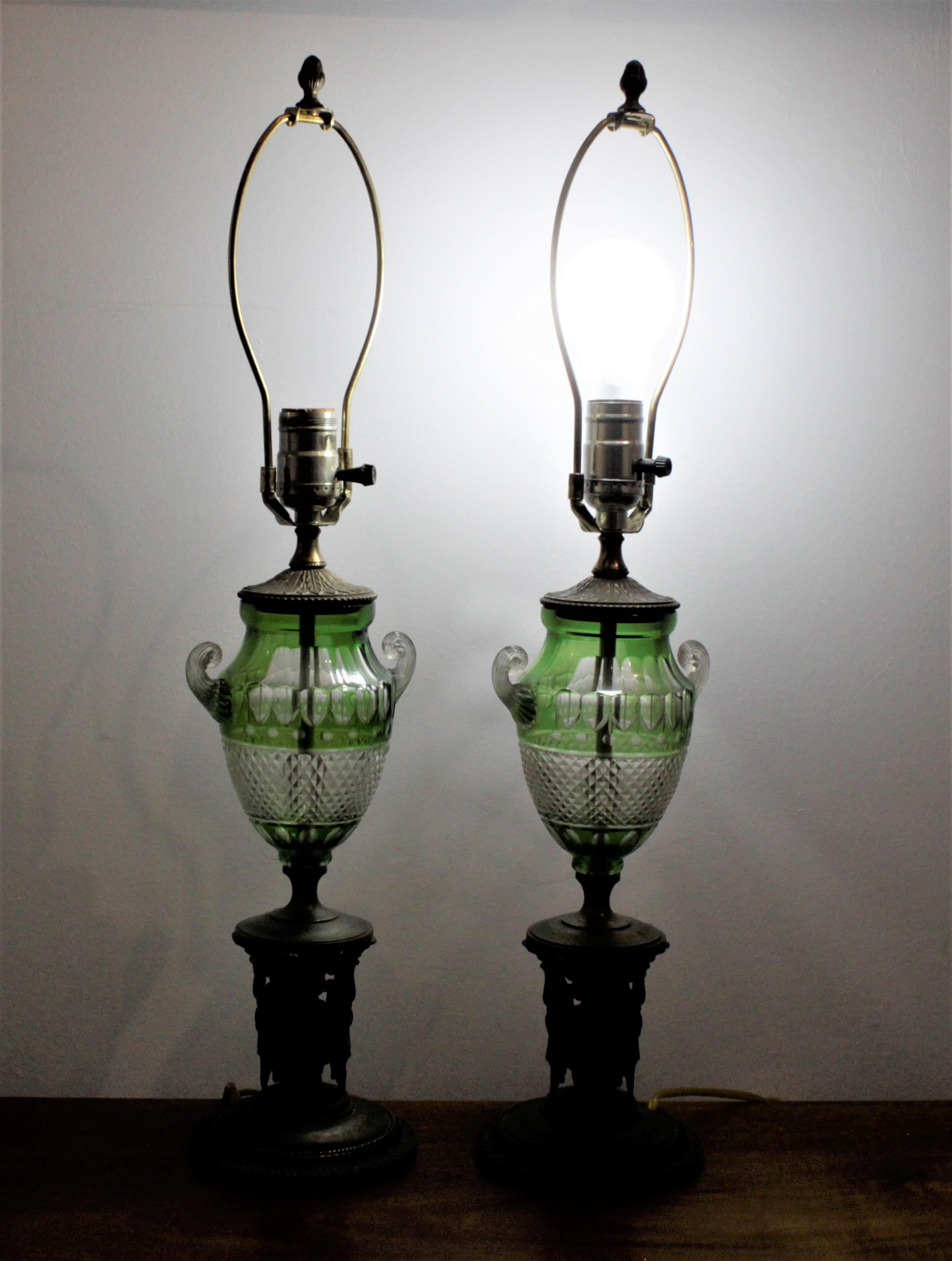 Cast Pair of Antique Czech Green Cut to Clear Table Lamps with Gilt Bronze Bases