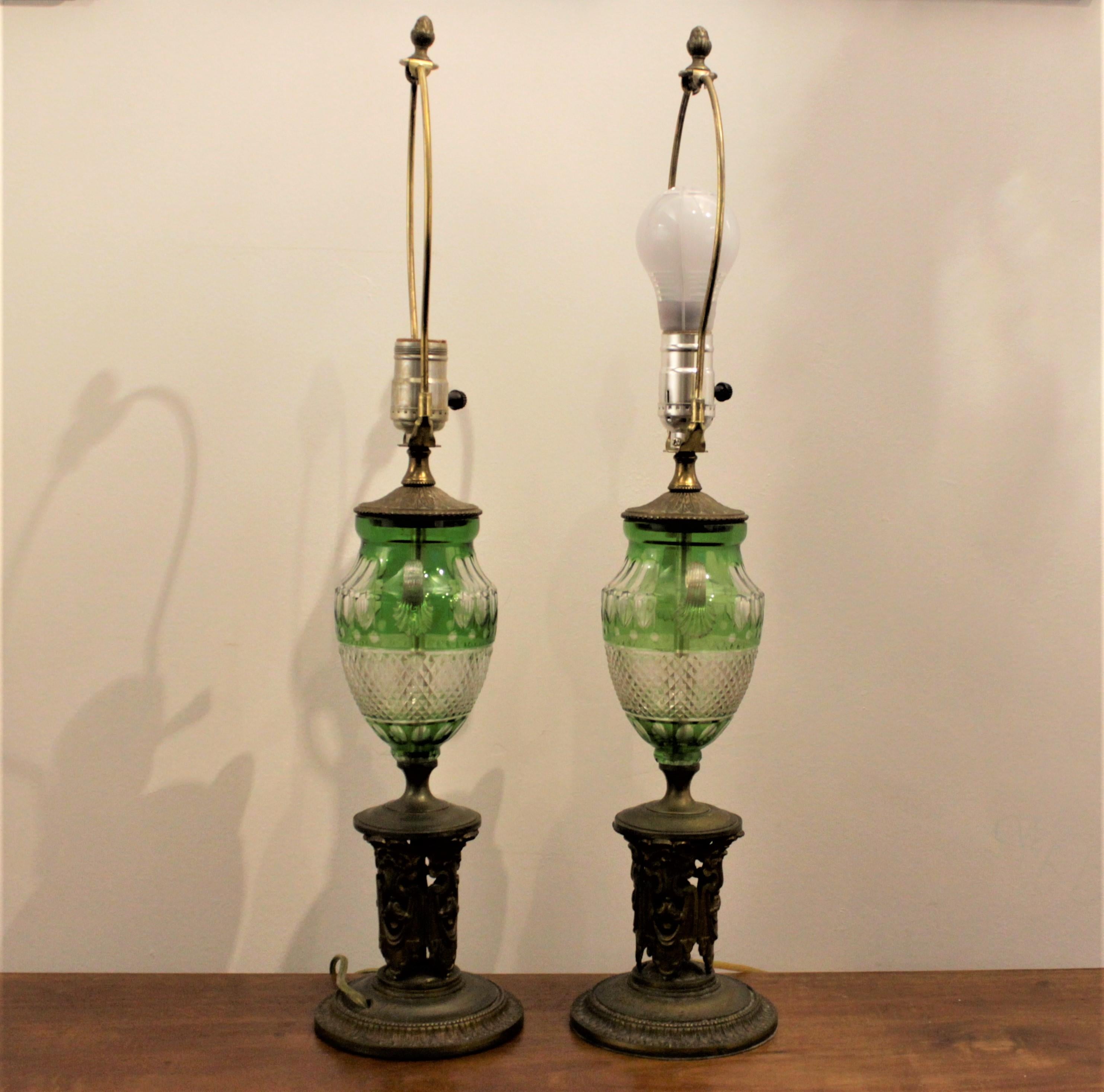 Pair of Antique Czech Green Cut to Clear Table Lamps with Gilt Bronze Bases In Good Condition In Hamilton, Ontario