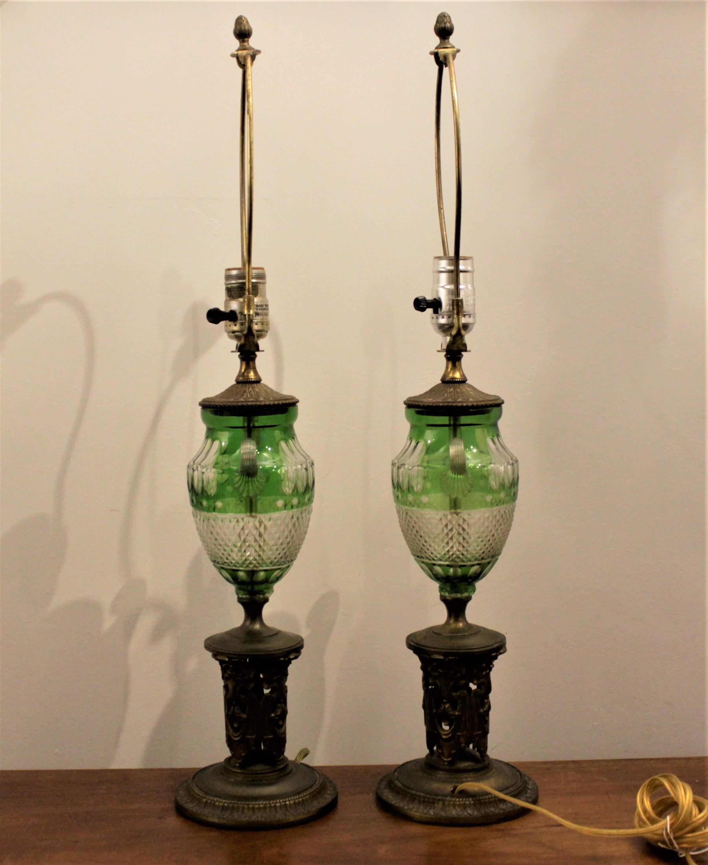 19th Century Pair of Antique Czech Green Cut to Clear Table Lamps with Gilt Bronze Bases