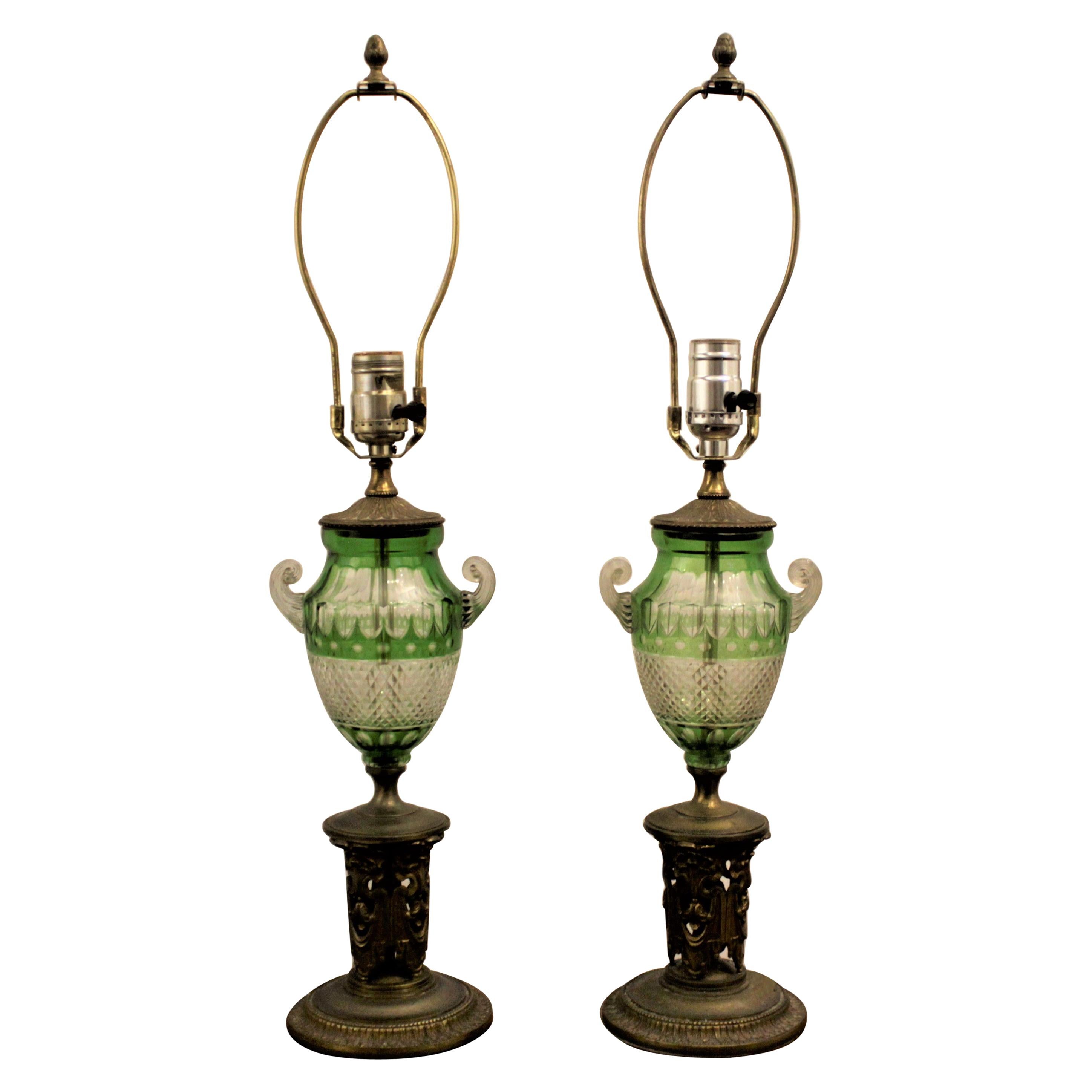 Pair of Antique Czech Green Cut to Clear Table Lamps with Gilt Bronze Bases