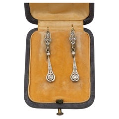 Pair of Antique Dangle Gold and Platinum Earrings with Diamonds