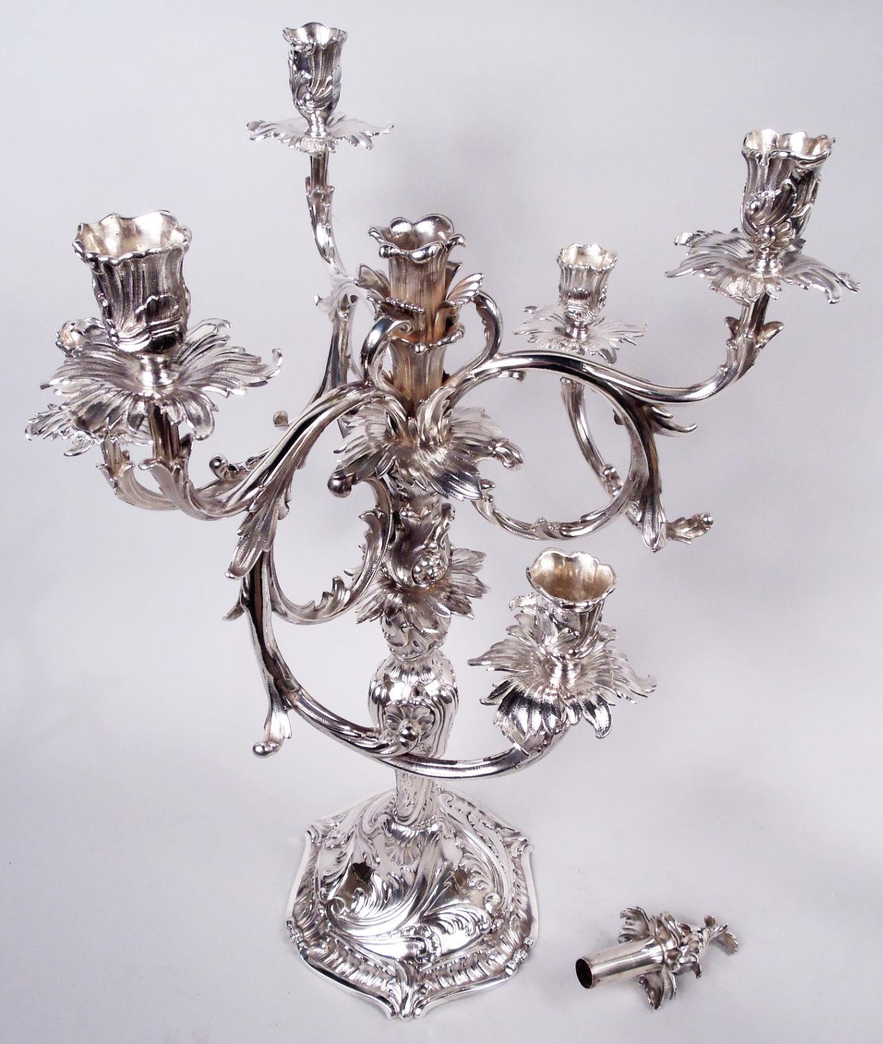 Rococo Revival Pair of Antique Danish Rococo Sterling Silver 7-Light Candelabra, 1914 For Sale