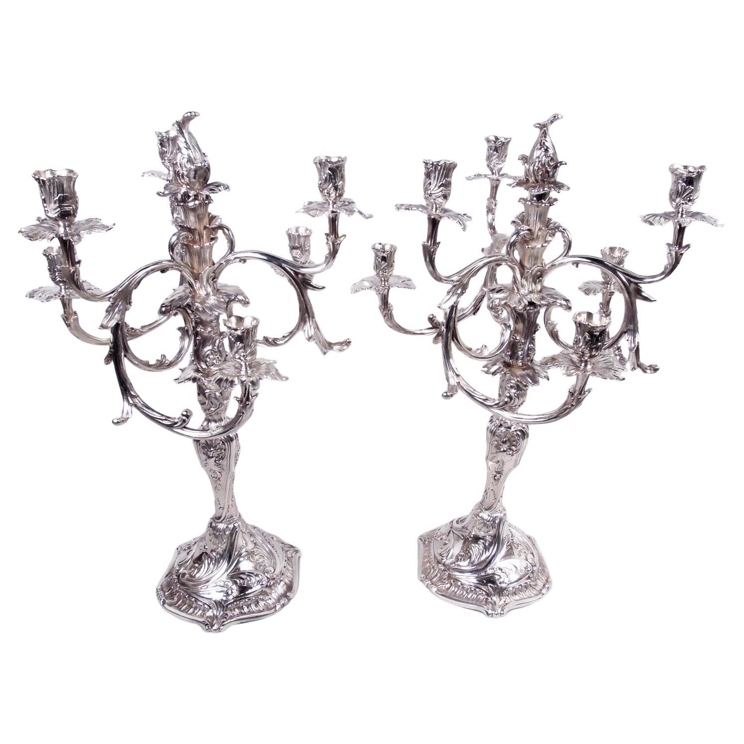 Pareja de antiguos candelabros rococó daneses de plata de ley de 7 luces, 1914