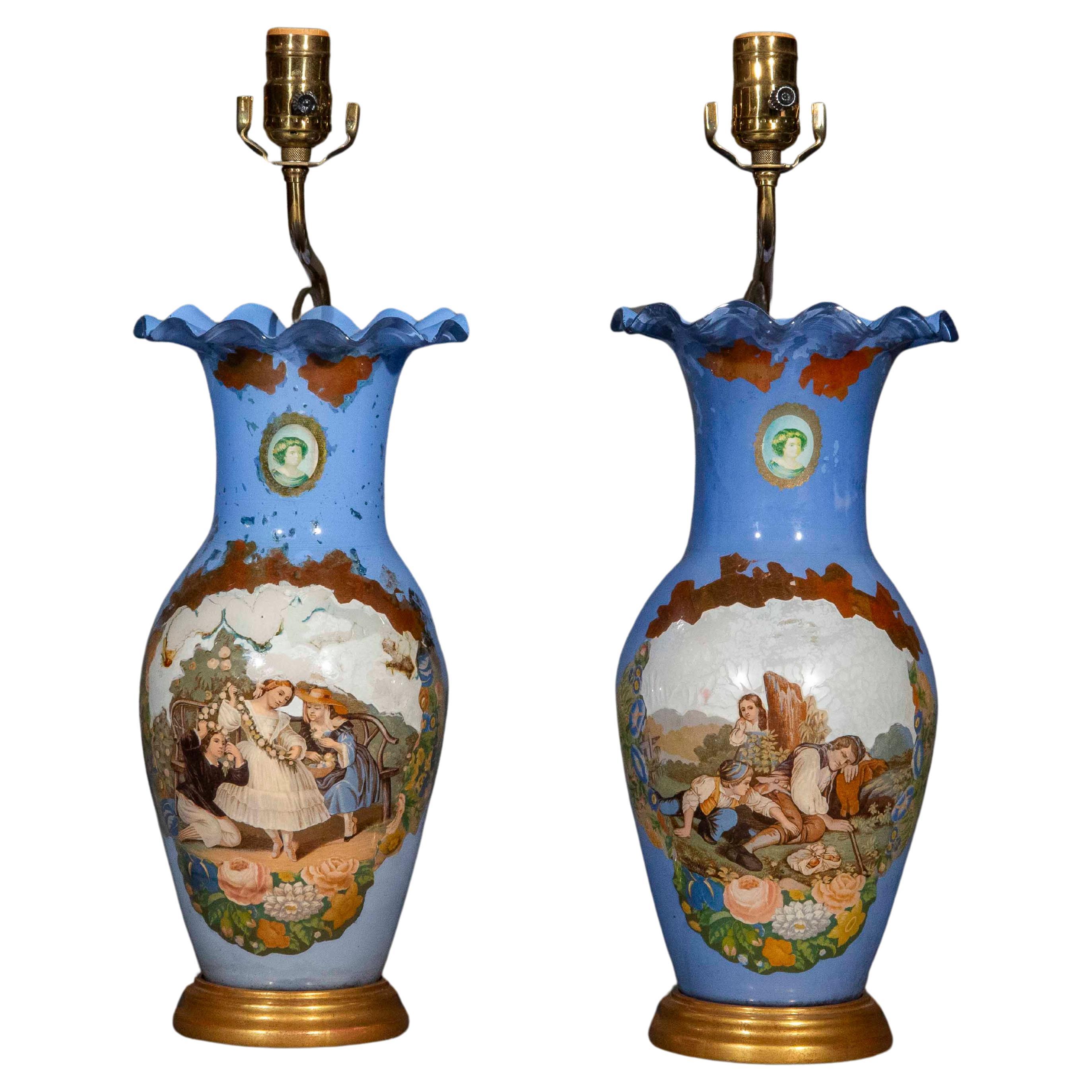 Coppia di lampade a vaso antiche della Decalcomania, circa 1900