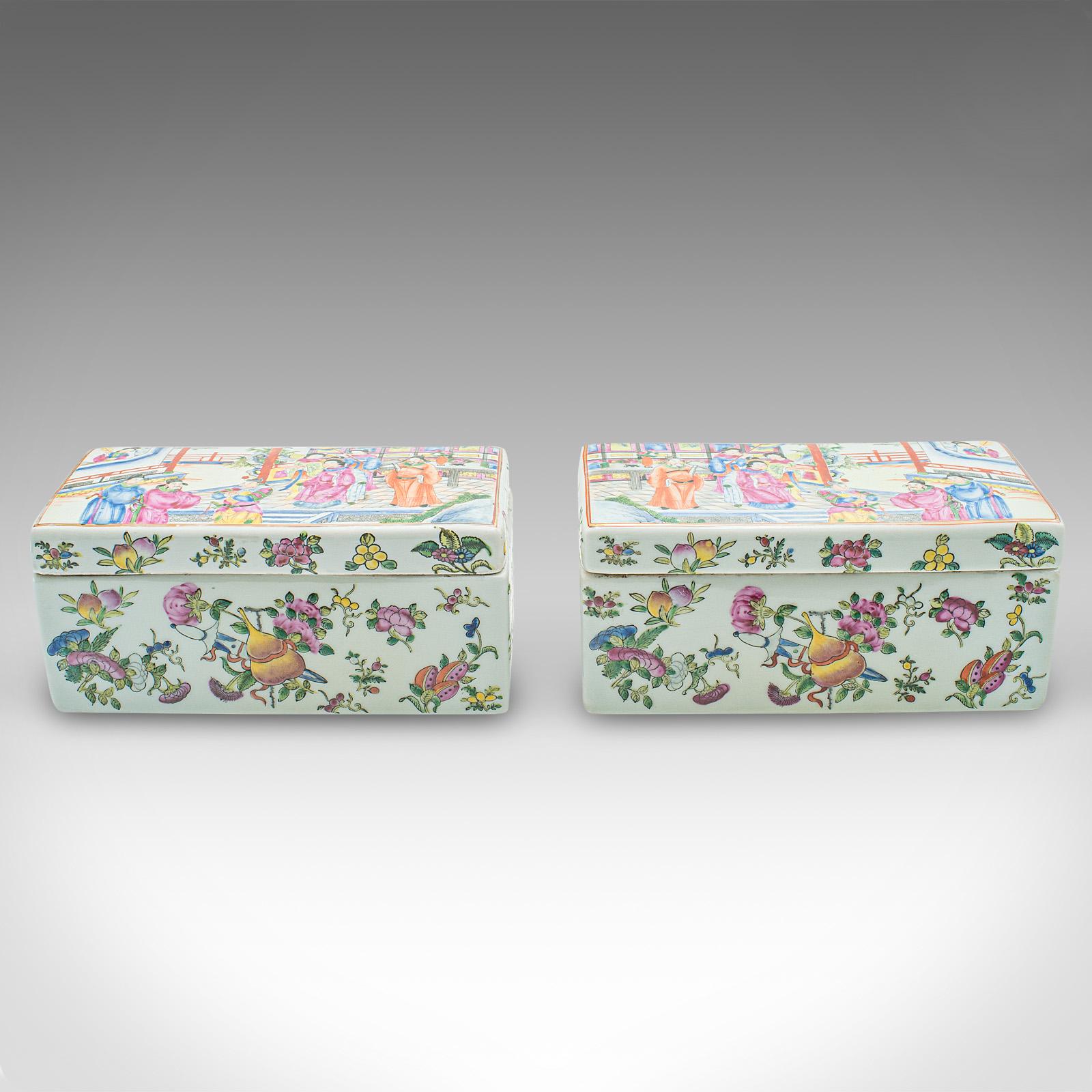 Par De Cajas Decorativas Antiguas, Chinas, Cerámica, Plato Con Tapa, Victorianas, 1900 Victoriano tardío en venta