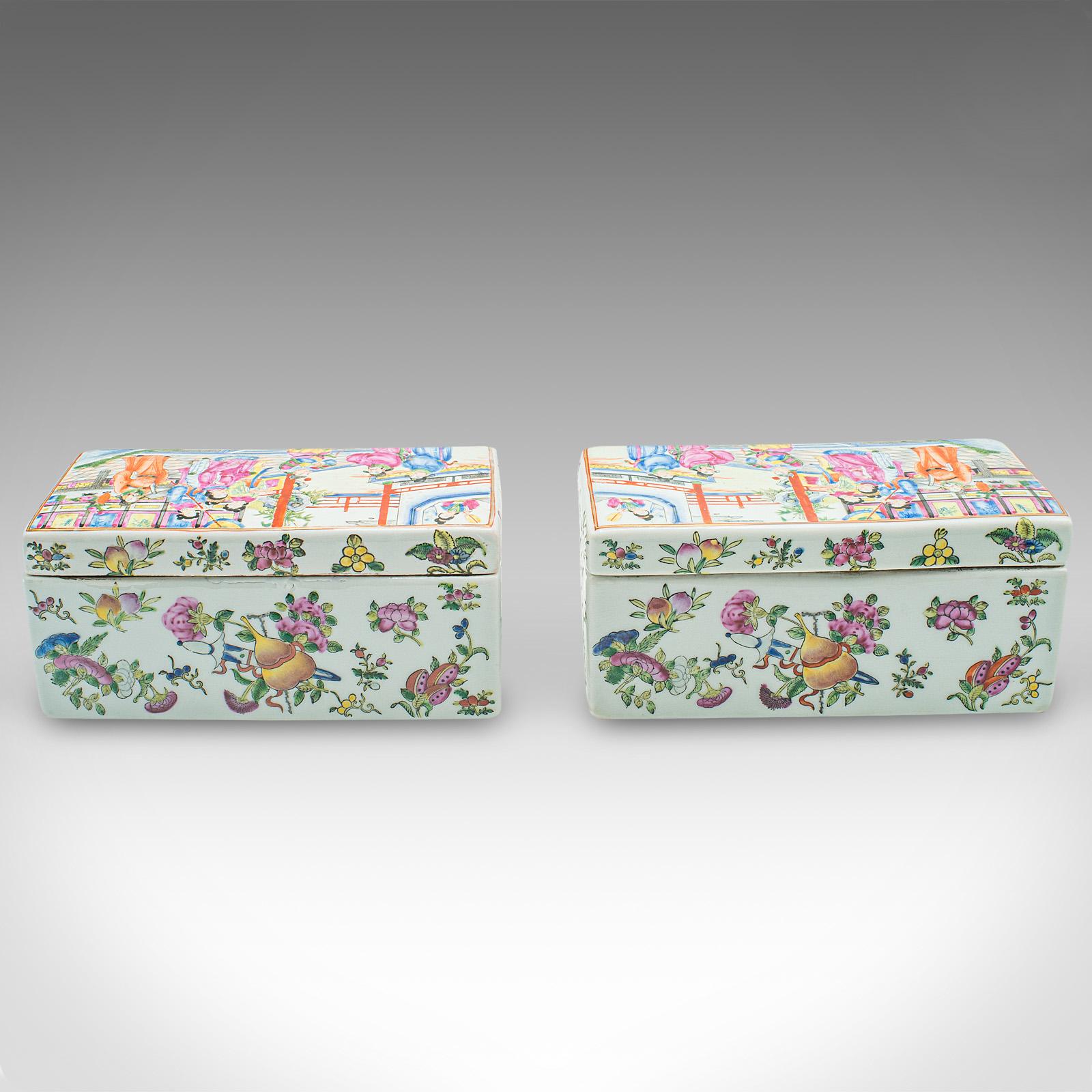 Par De Cajas Decorativas Antiguas, Chinas, Cerámica, Plato Con Tapa, Victorianas, 1900 Chino en venta