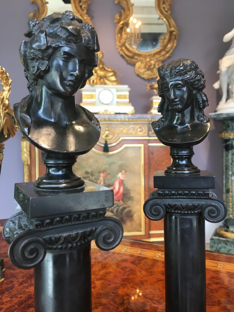 Pair of Antique Decorative Bronze Roman Busts on Columns For Sale at