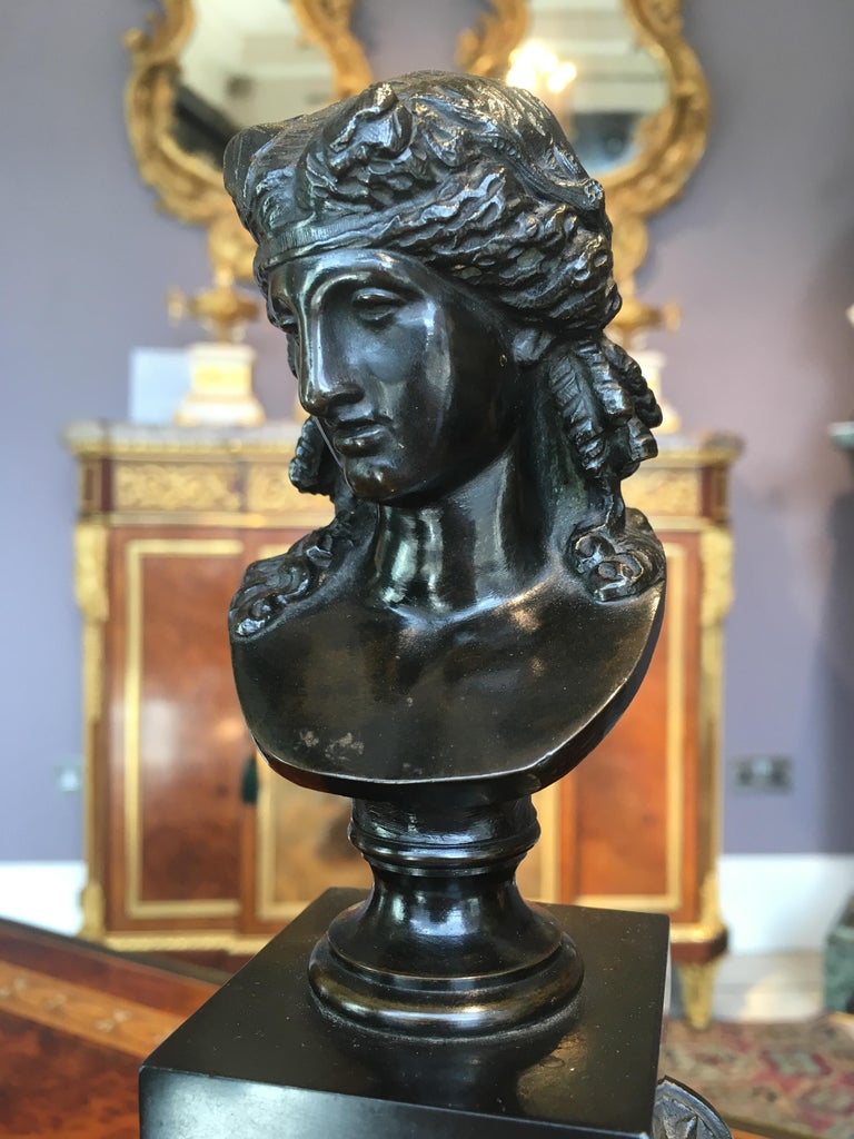Pair of Antique Decorative Bronze Roman Busts on Columns For Sale at