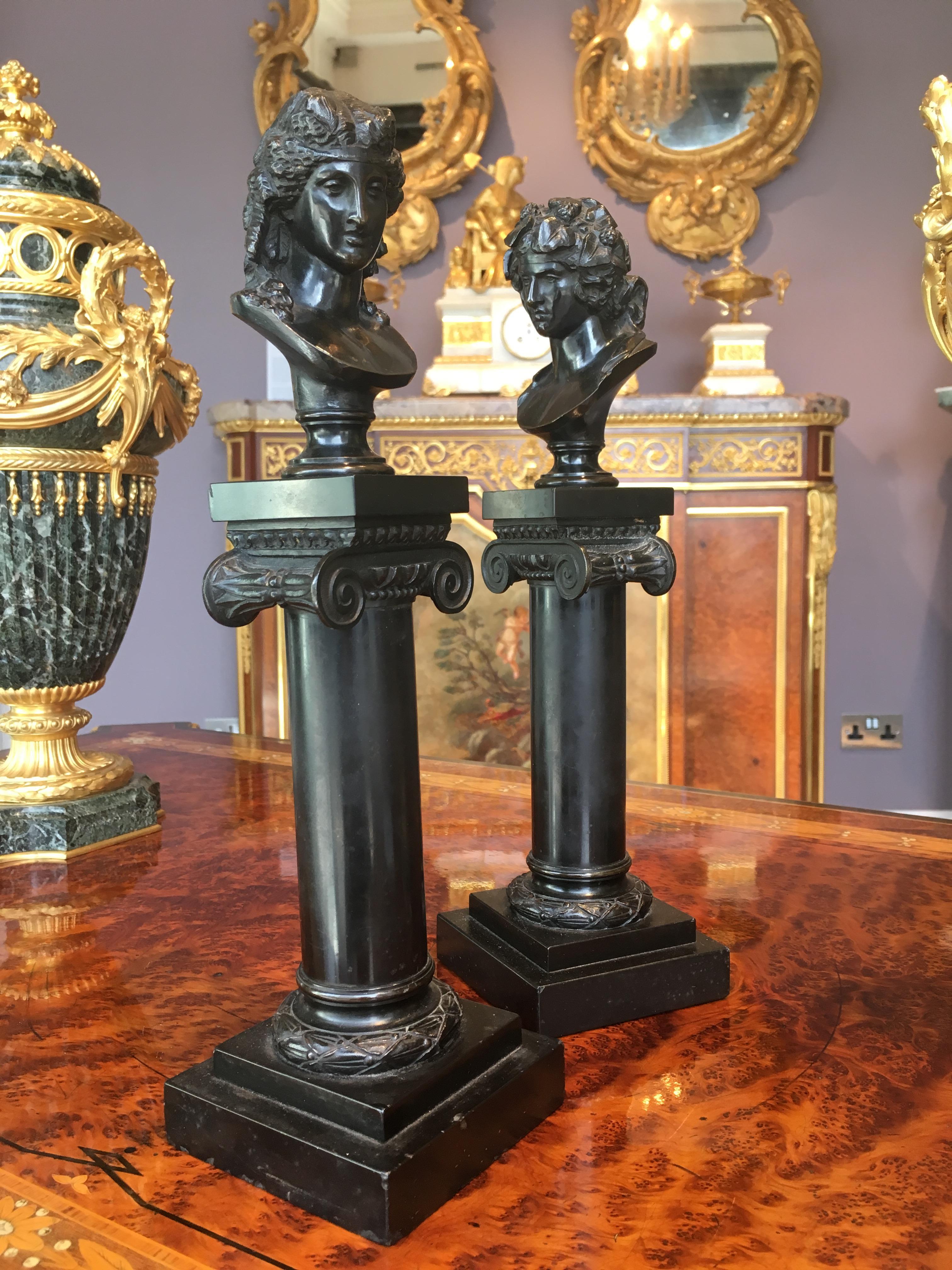 Pair of Antique Decorative Bronze Roman Busts on Columns For Sale 1