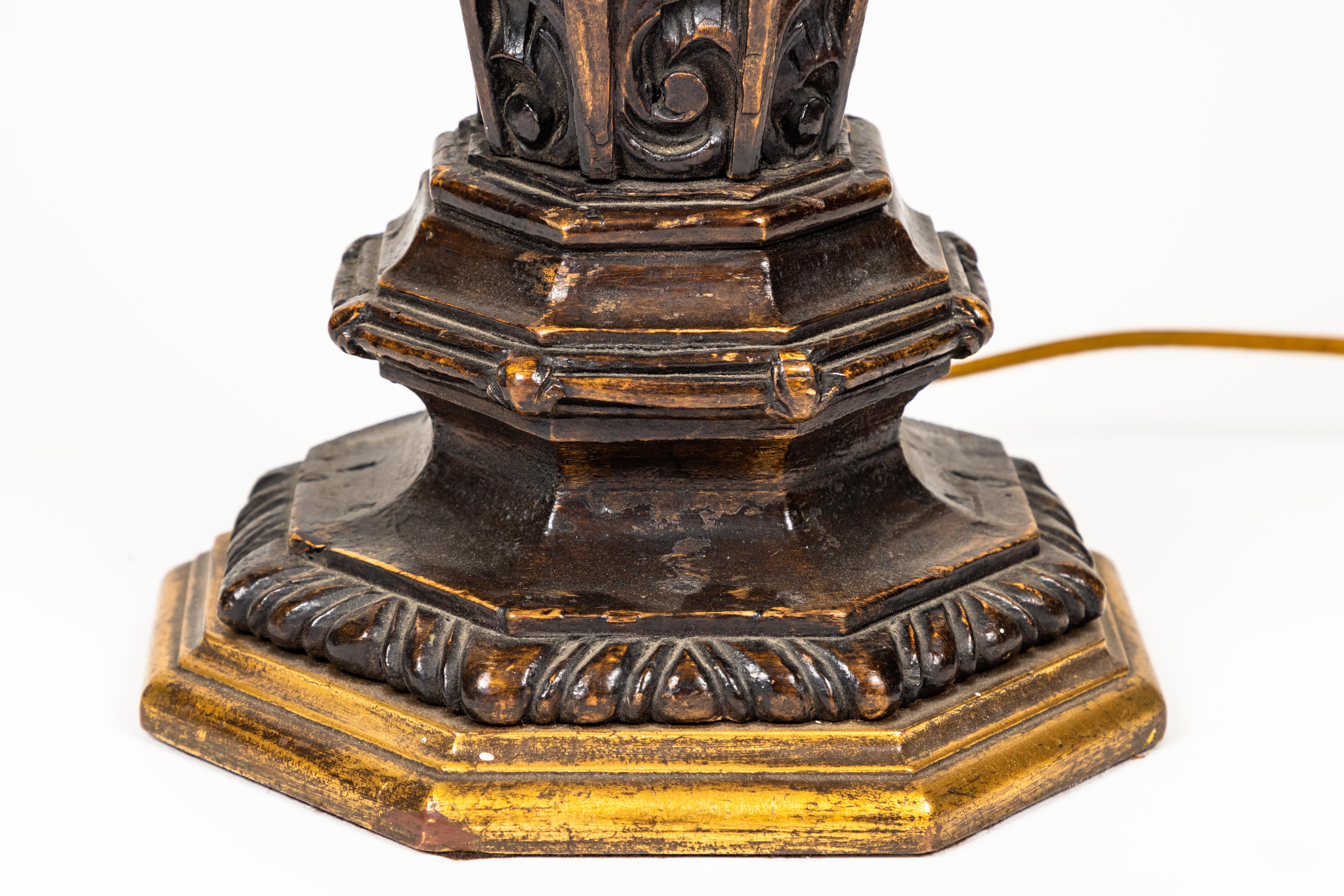 Victorian Pair of Antique Decorative Carved Wood Architectural Salvage Table Lamps