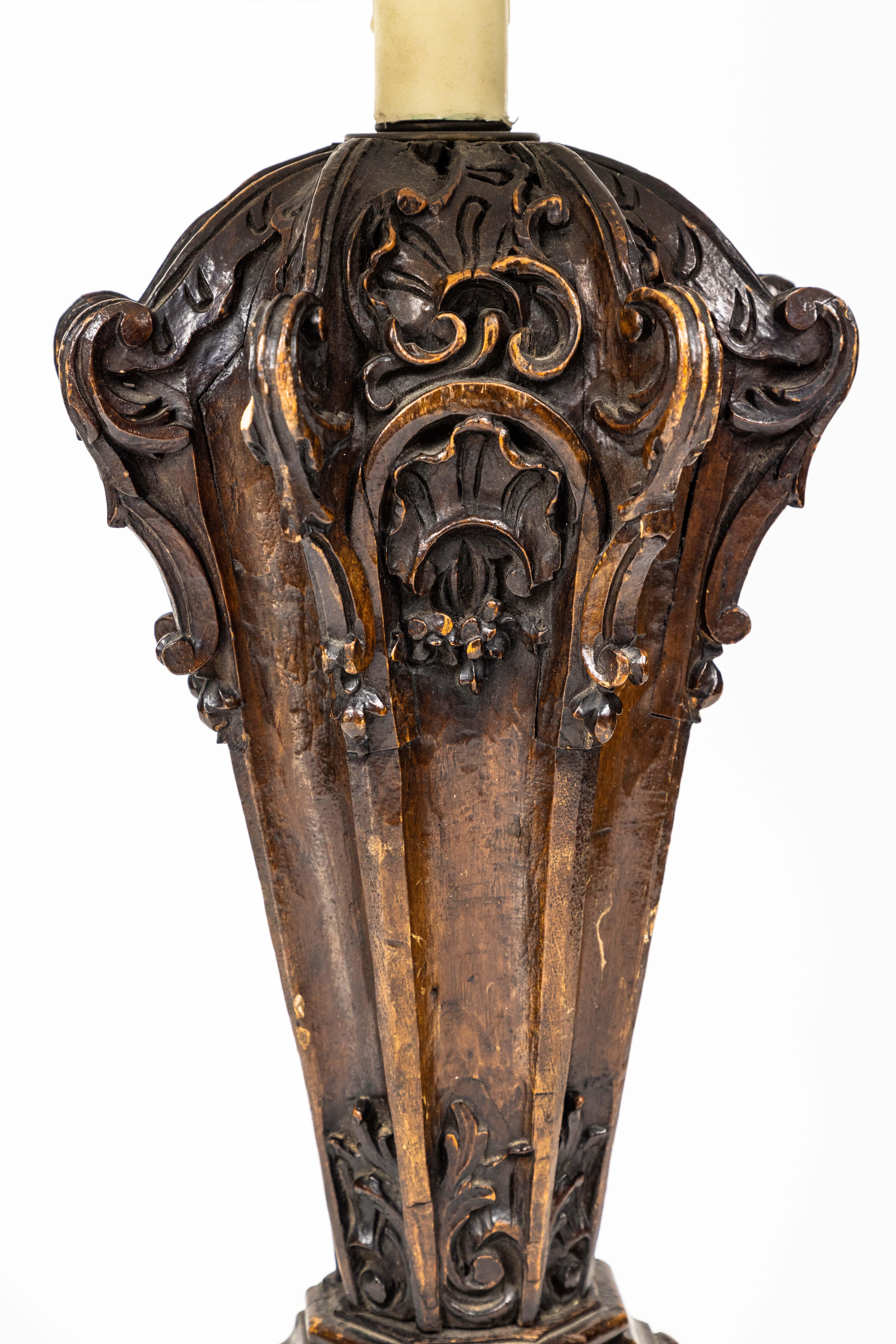 Hand-Carved Pair of Antique Decorative Carved Wood Architectural Salvage Table Lamps