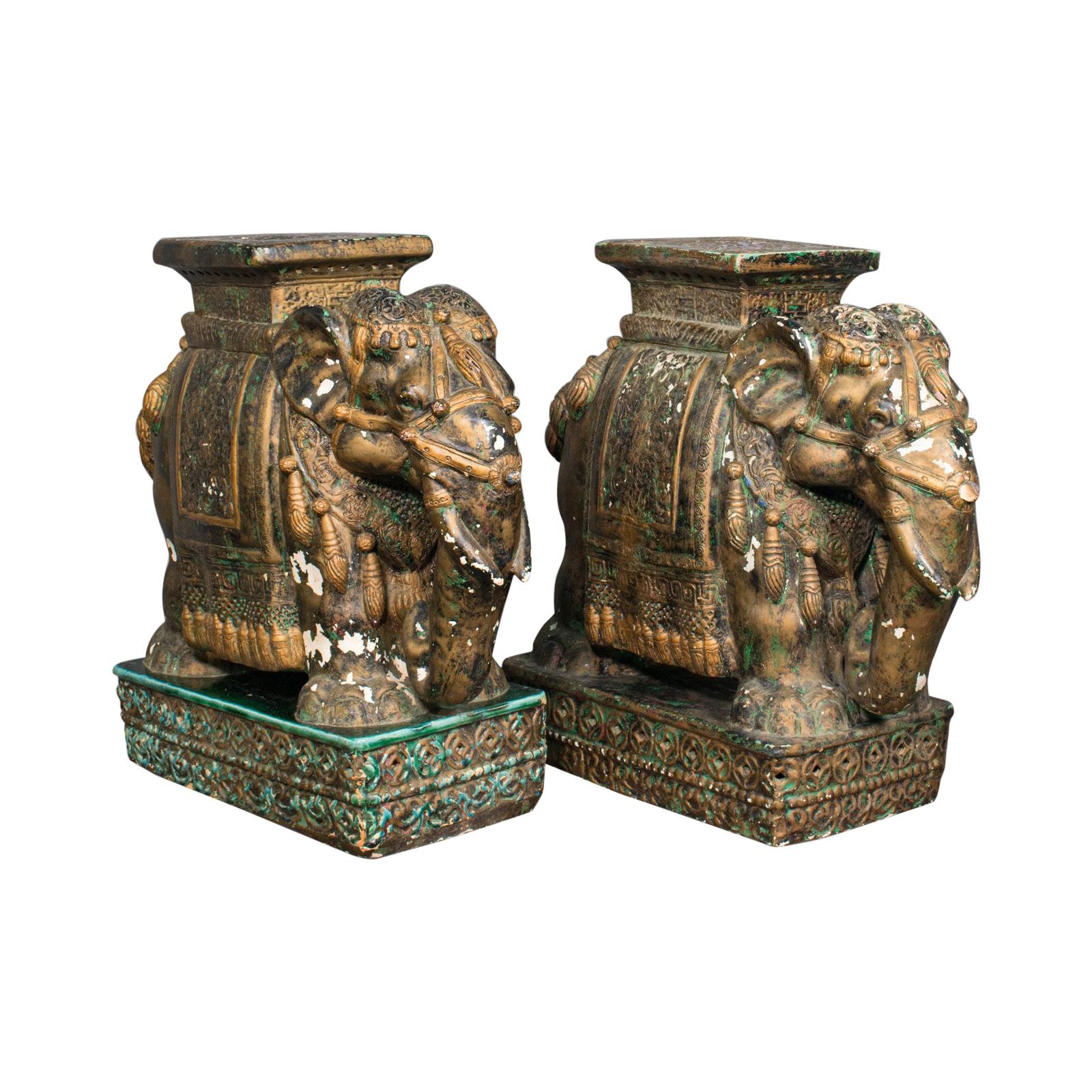 Pair of Antique Decorative Elephant Side Table, Indian, Ceramic, Occasional