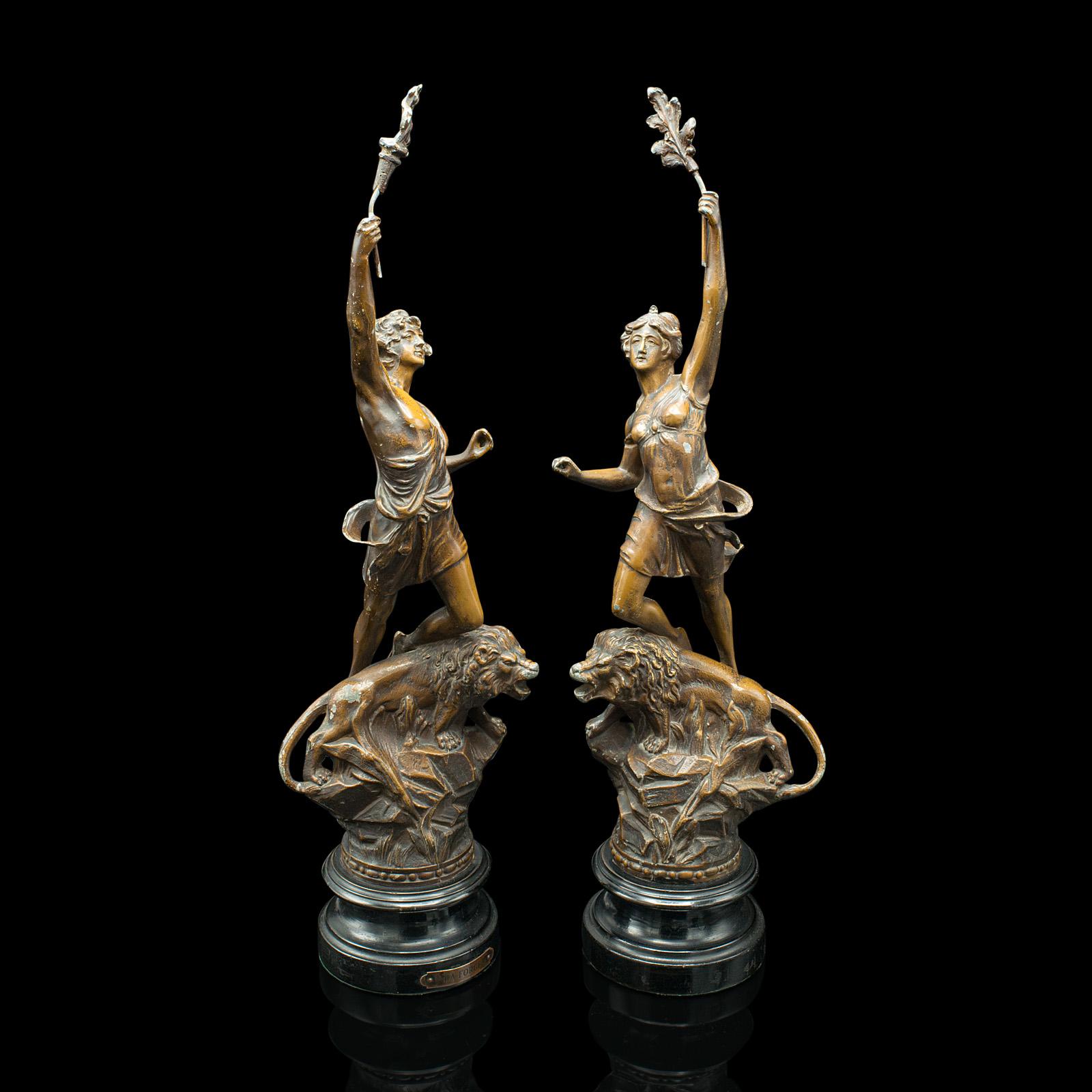 This is a pair of antique decorative figures. A French, spelter bronze classical influenced statue, dating to the early 20th century, circa 1920.

Charming characters with appealing tonality
Displaying a desirable aged patina and in good original