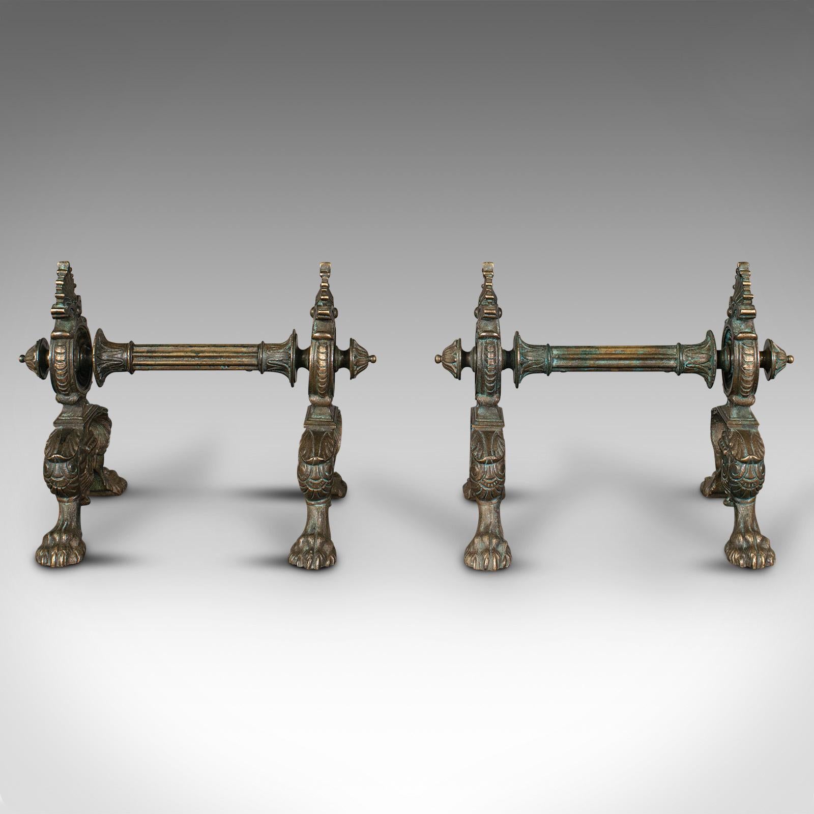 British Pair of Antique Decorative Fire Dogs, English, Bronze, Tool Rest, Art Nouveau