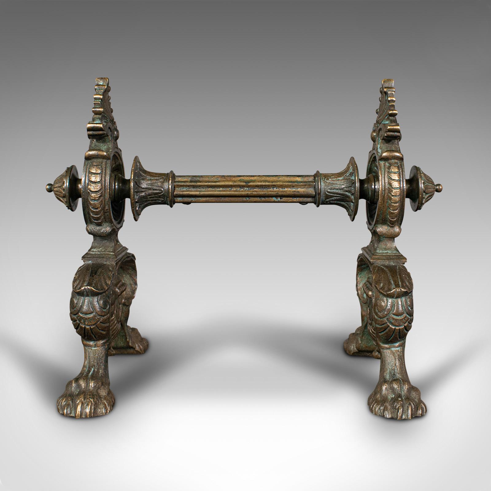 Pair of Antique Decorative Fire Dogs, English, Bronze, Tool Rest, Art Nouveau 1