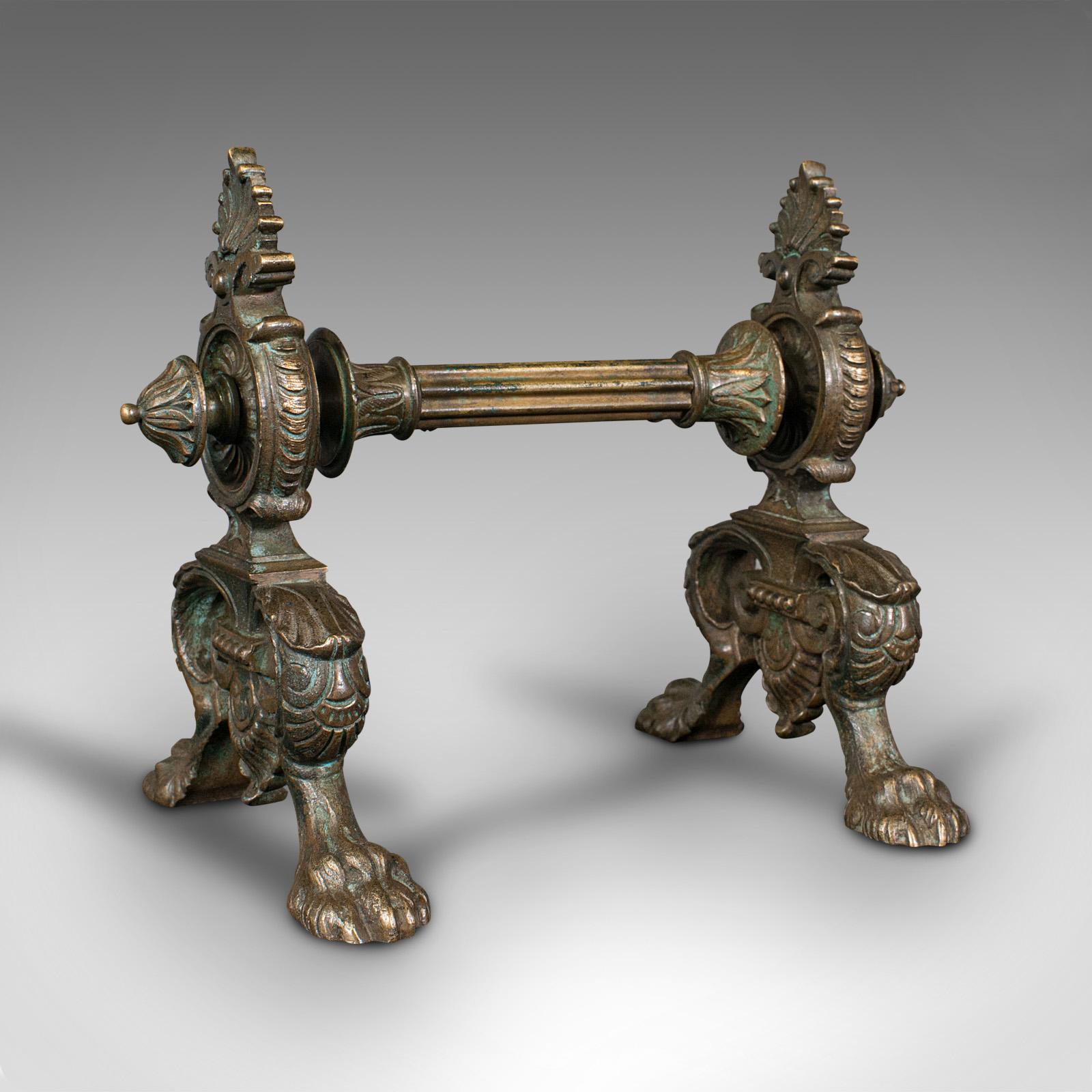 Pair of Antique Decorative Fire Dogs, English, Bronze, Tool Rest, Art Nouveau 2