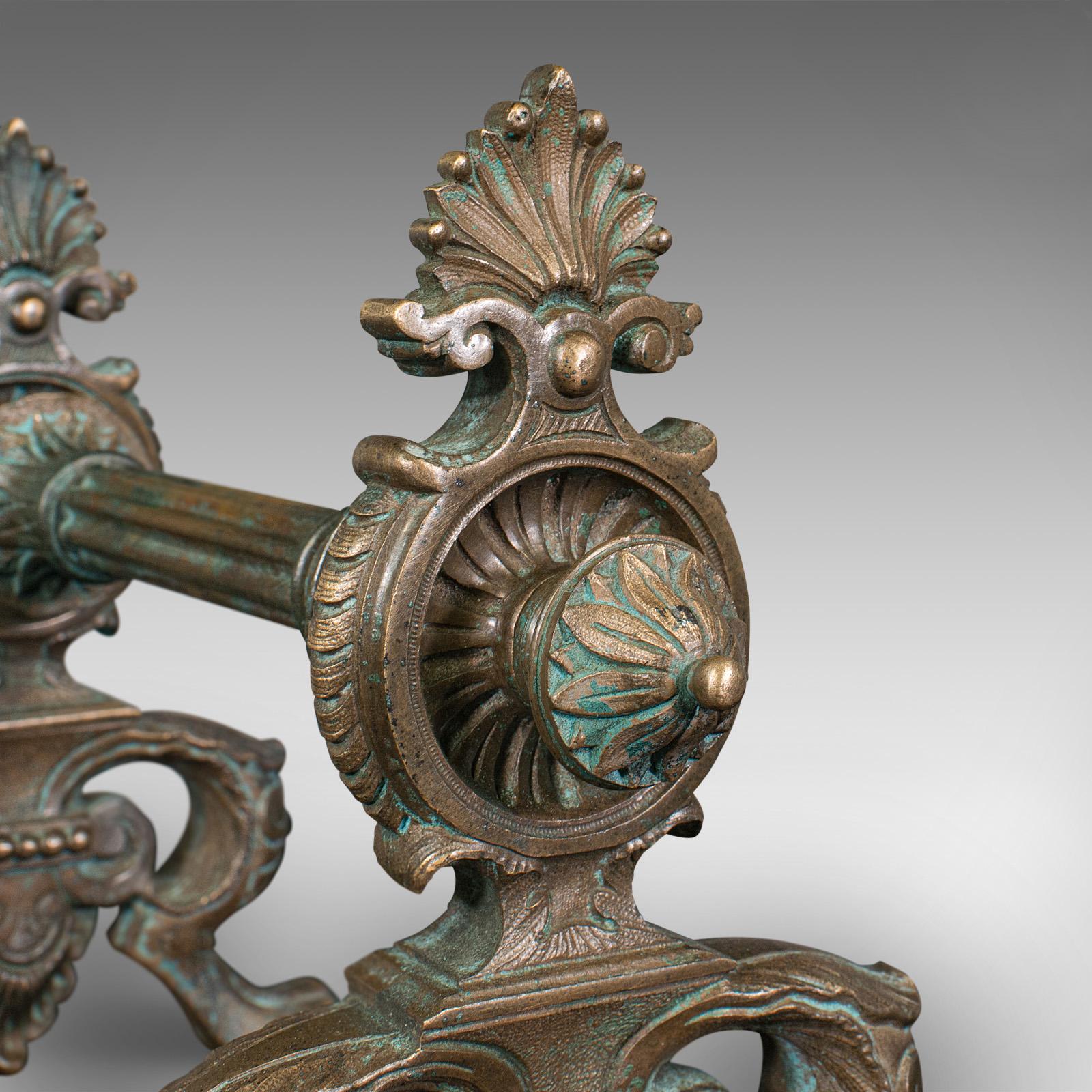 Pair of Antique Decorative Fire Dogs, English, Bronze, Tool Rest, Art Nouveau 3