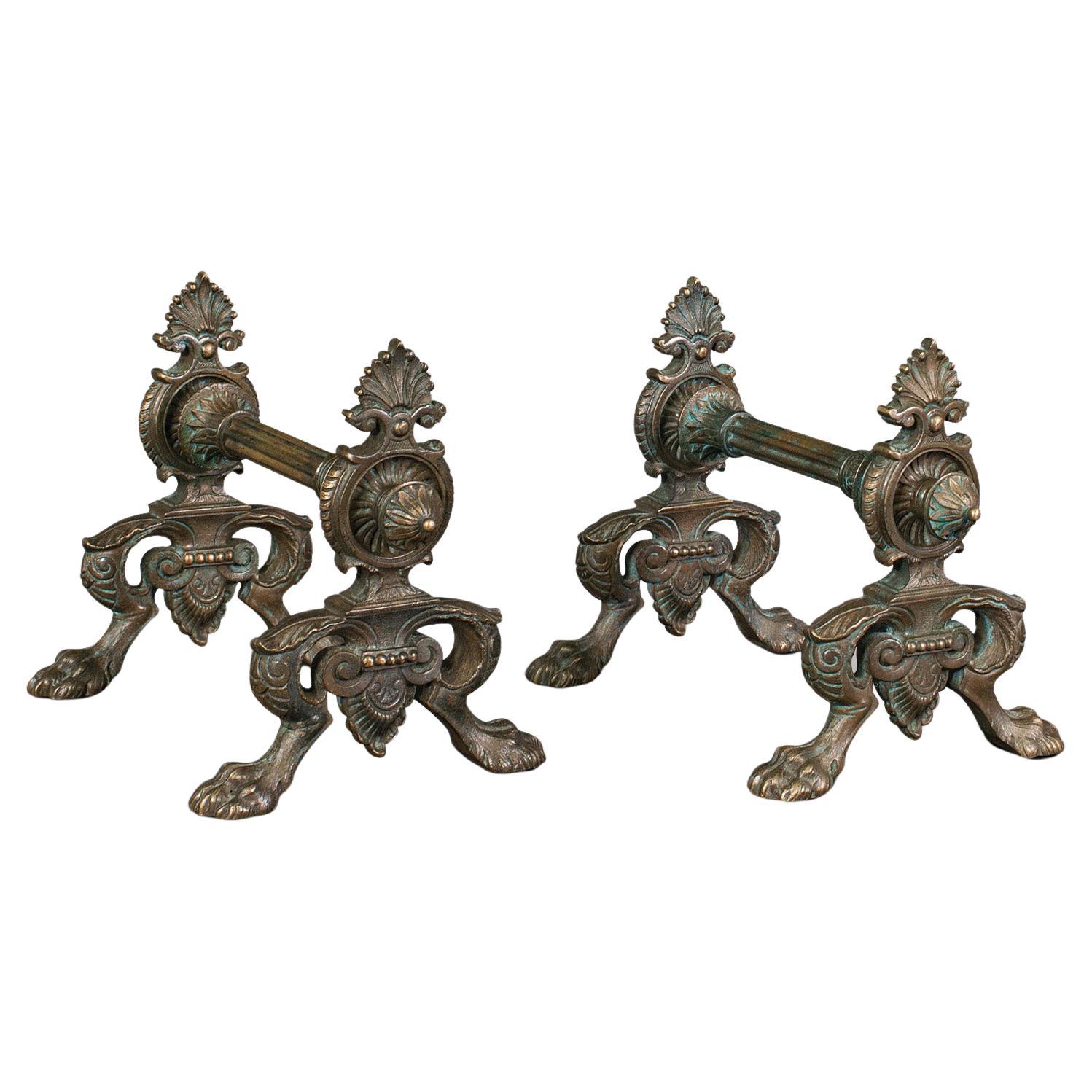 Pair of Antique Decorative Fire Dogs, English, Bronze, Tool Rest, Art Nouveau