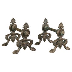 Pair of Antique Decorative Fire Dogs, English, Bronze, Tool Rest, Art Nouveau