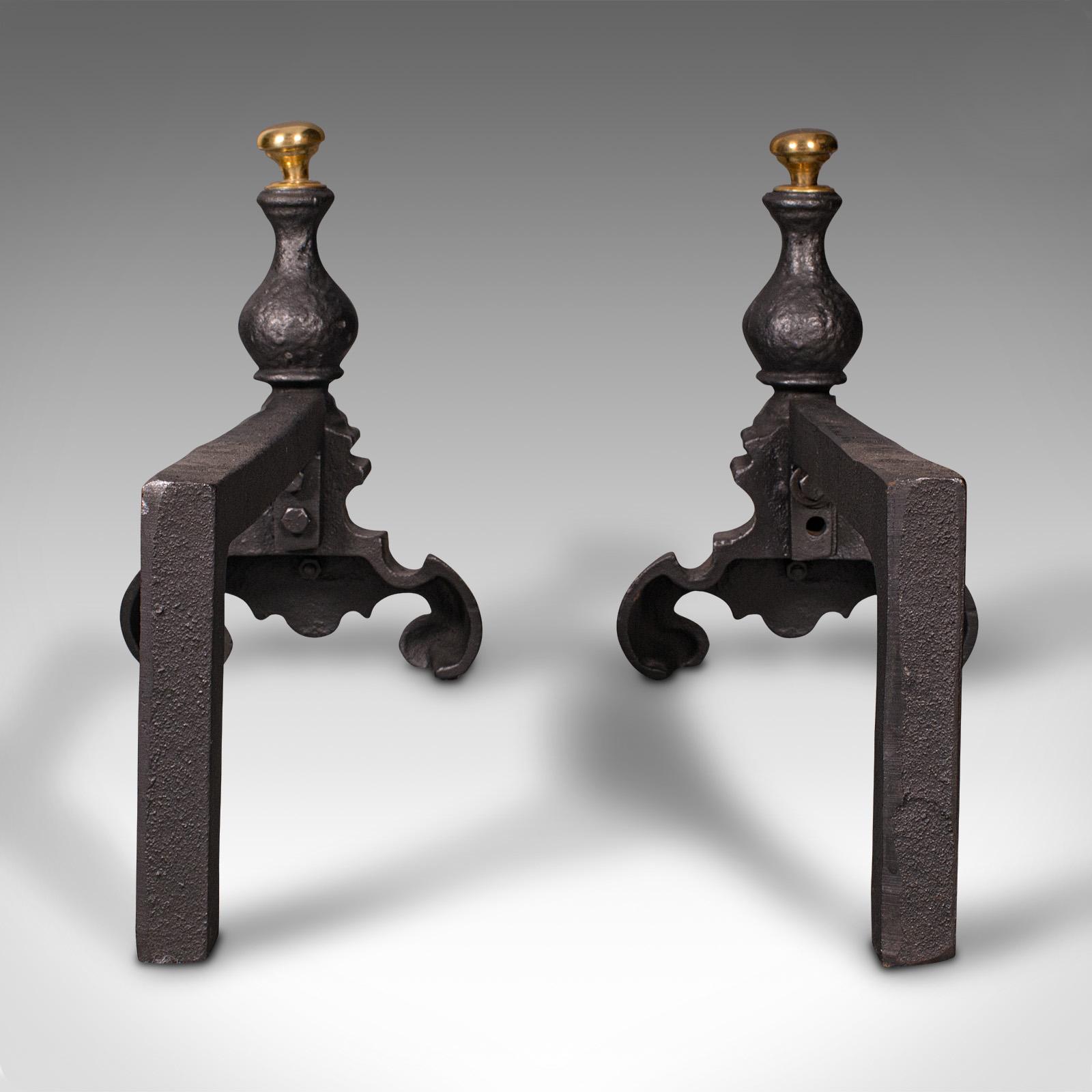 British Pair Of Antique Decorative Fire Rests, English Fireside Andiron, Victorian, 1850 For Sale