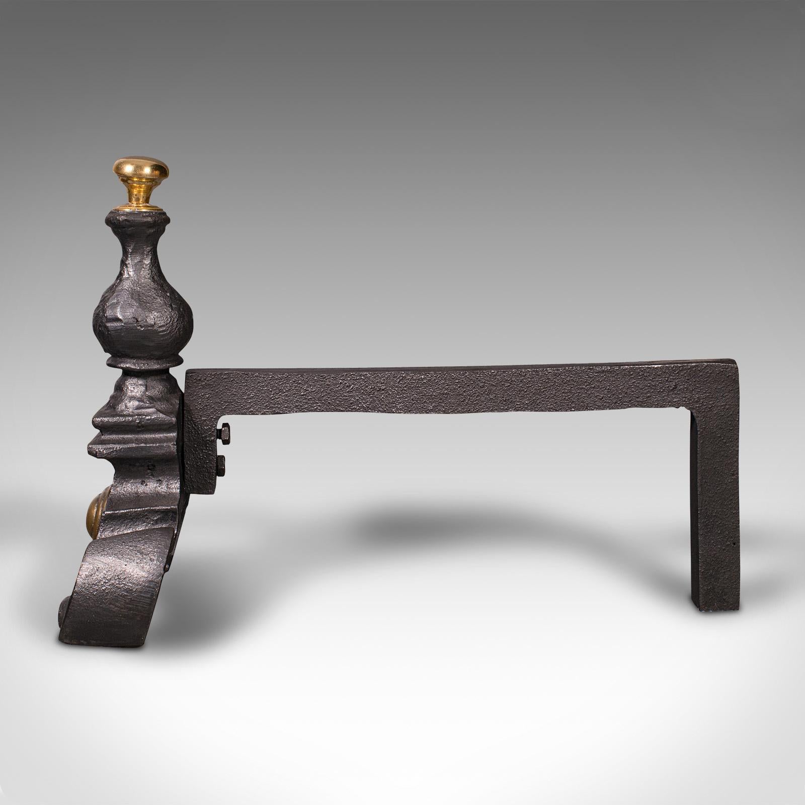 Iron Pair Of Antique Decorative Fire Rests, English Fireside Andiron, Victorian, 1850 For Sale