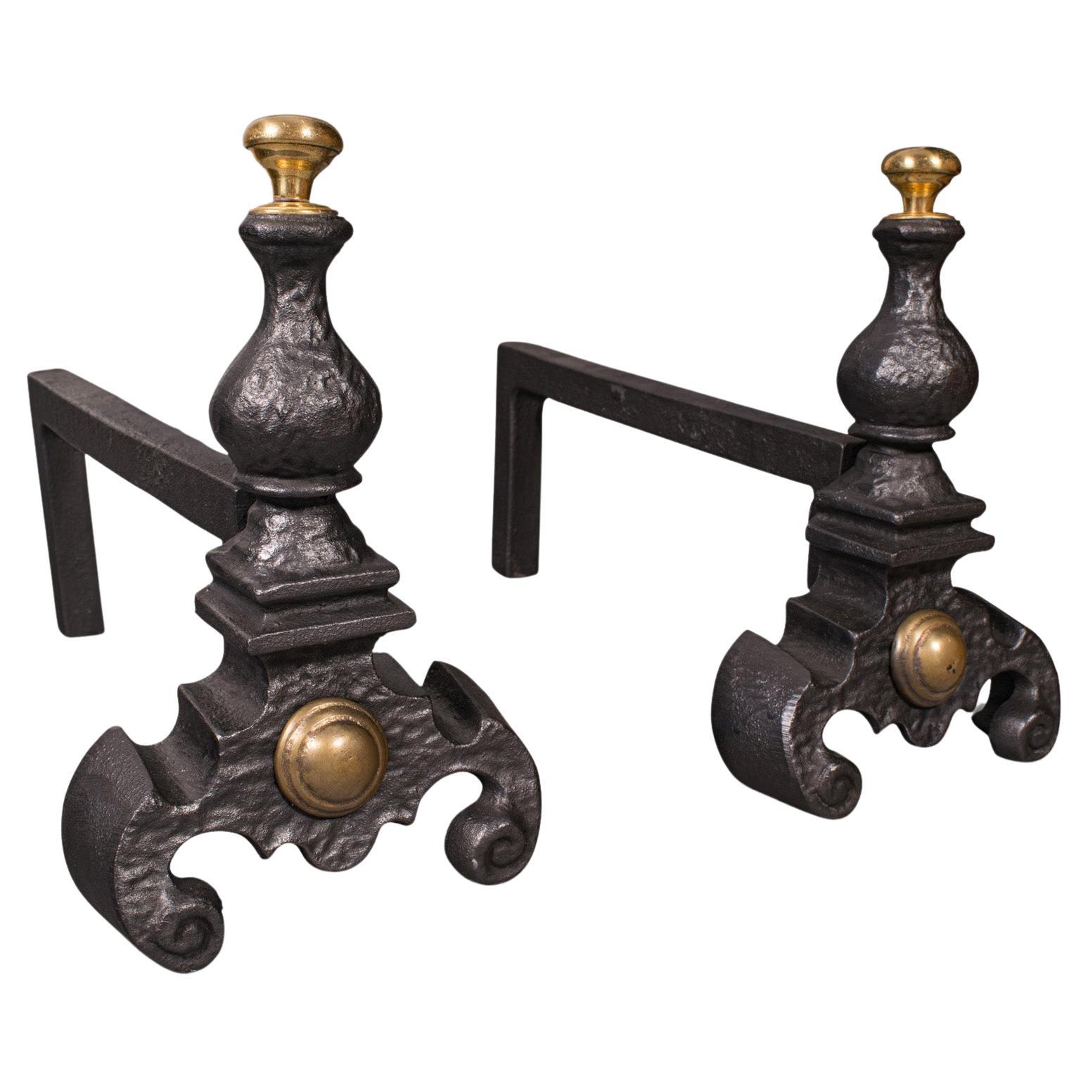 Pair Of Antique Decorative Fire Rests, English Fireside Andiron, Victorian, 1850 For Sale