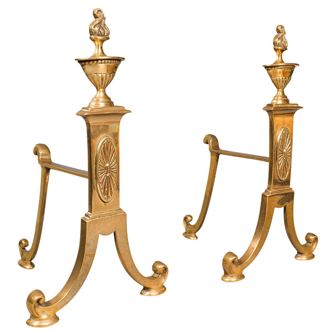 Pair of Antique Decorative Fireside Tool Rests, English Brass Andiron, Victorian For Sale